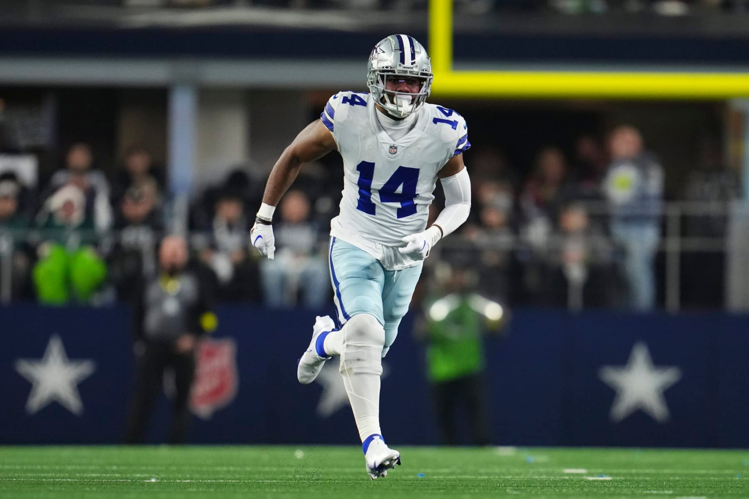 ARLINGTON, TX - DECEMBER 24: Jabril Cox #14 of the Dallas Cowboys defends against the Philadelphia Eagles at AT&T Stadium on December 24, 2022 in Arlington, Texas. (Photo by Cooper Neill/Getty Images)