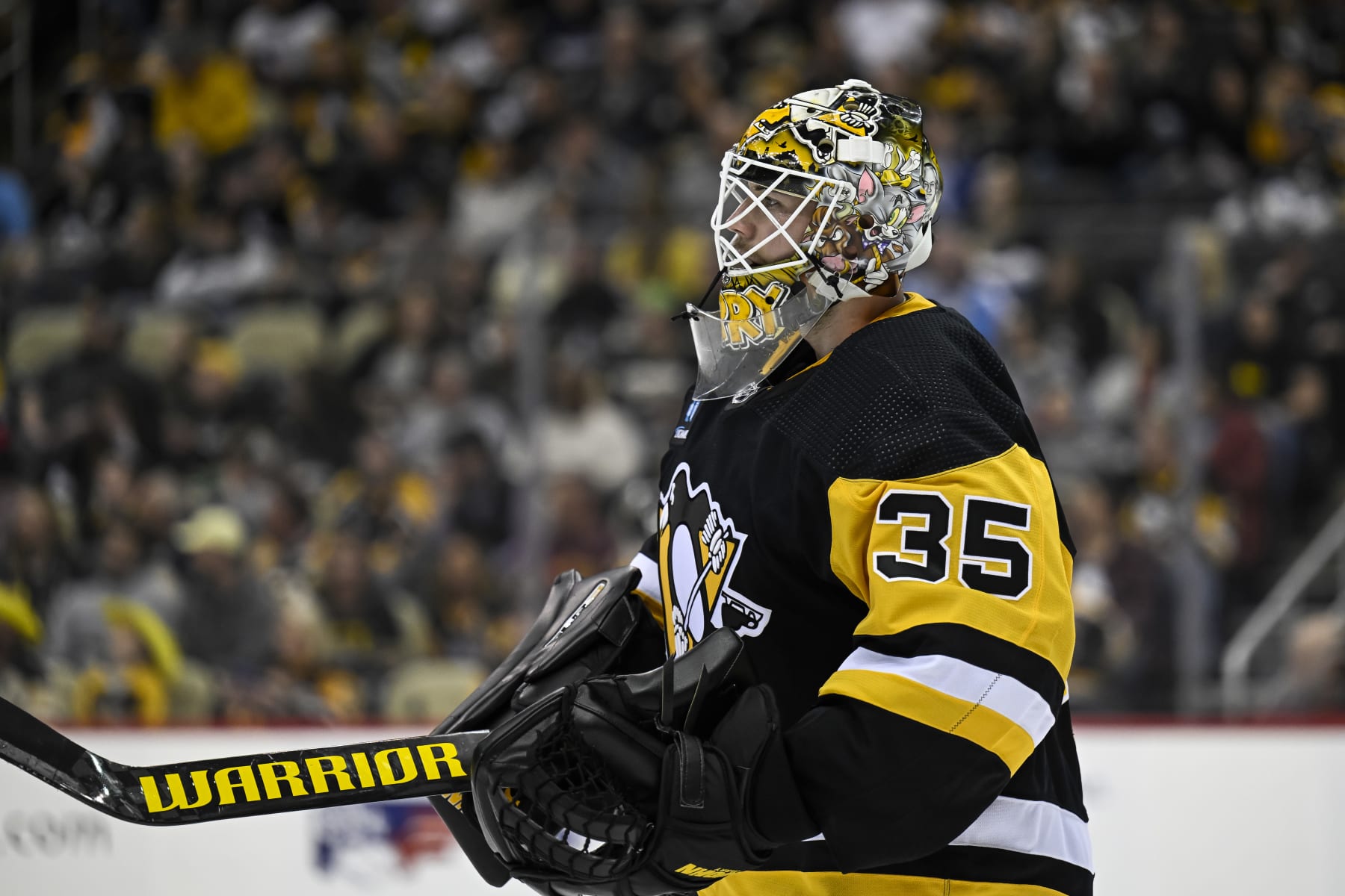 PITTSBURGH, PA - APRIL 01: Pittsburgh Penguins Goalie Tristan Jarry (35) looks on during the first period in the NHL game between the Pittsburgh Penguins and the Boston Bruins on April 1, 2023, at PPG Paints Arena in Pittsburgh, PA. (Photo by Jeanine Leech/Icon Sportswire via Getty Images)