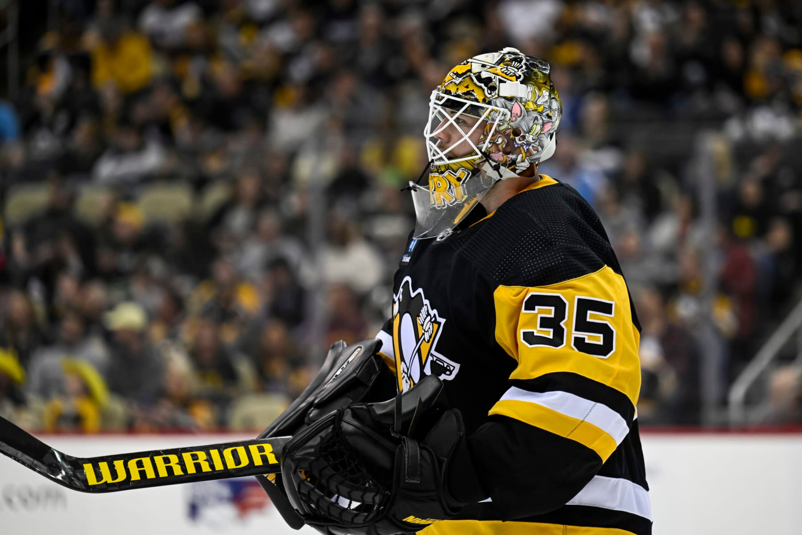 PITTSBURGH, PA - APRIL 01: Pittsburgh Penguins Goalie Tristan Jarry (35) looks on during the first period in the NHL game between the Pittsburgh Penguins and the Boston Bruins on April 1, 2023, at PPG Paints Arena in Pittsburgh, PA. (Photo by Jeanine Leech/Icon Sportswire via Getty Images)