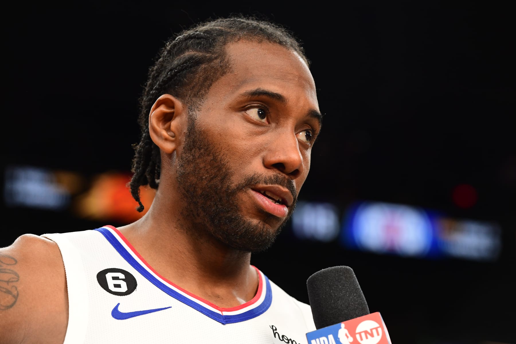 PHOENIX, AZ - APRIL  16: Kawhi Leonard #2 of the LA Clippers is interviewed after winning Round One Game One of the 2023 NBA Playoffs on April 16, 2023 at Footprint Center in Phoenix, Arizona. NOTE TO USER: User expressly acknowledges and agrees that, by downloading and or using this photograph, user is consenting to the terms and conditions of the Getty Images License Agreement. Mandatory Copyright Notice: Copyright 2023 NBAE (Photo by Kate Frese/NBAE via Getty Images)