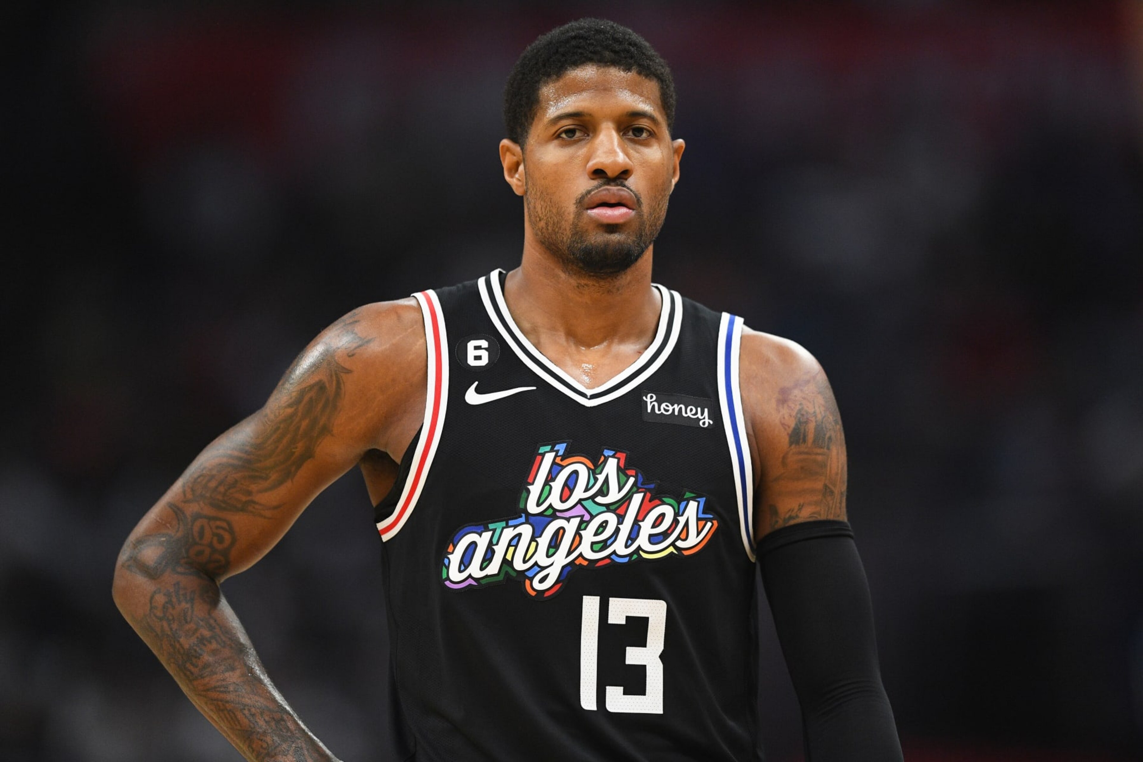LOS ANGELES, CA - MARCH 18: Los Angeles Clippers Guard Paul George (13) looks on during a NBA game between the Orlando Magic and the Los Angeles Clippers on March 18, 2023 at Crypto.com Arena in Los Angeles, CA. (Photo by Brian Rothmuller/Icon Sportswire via Getty Images