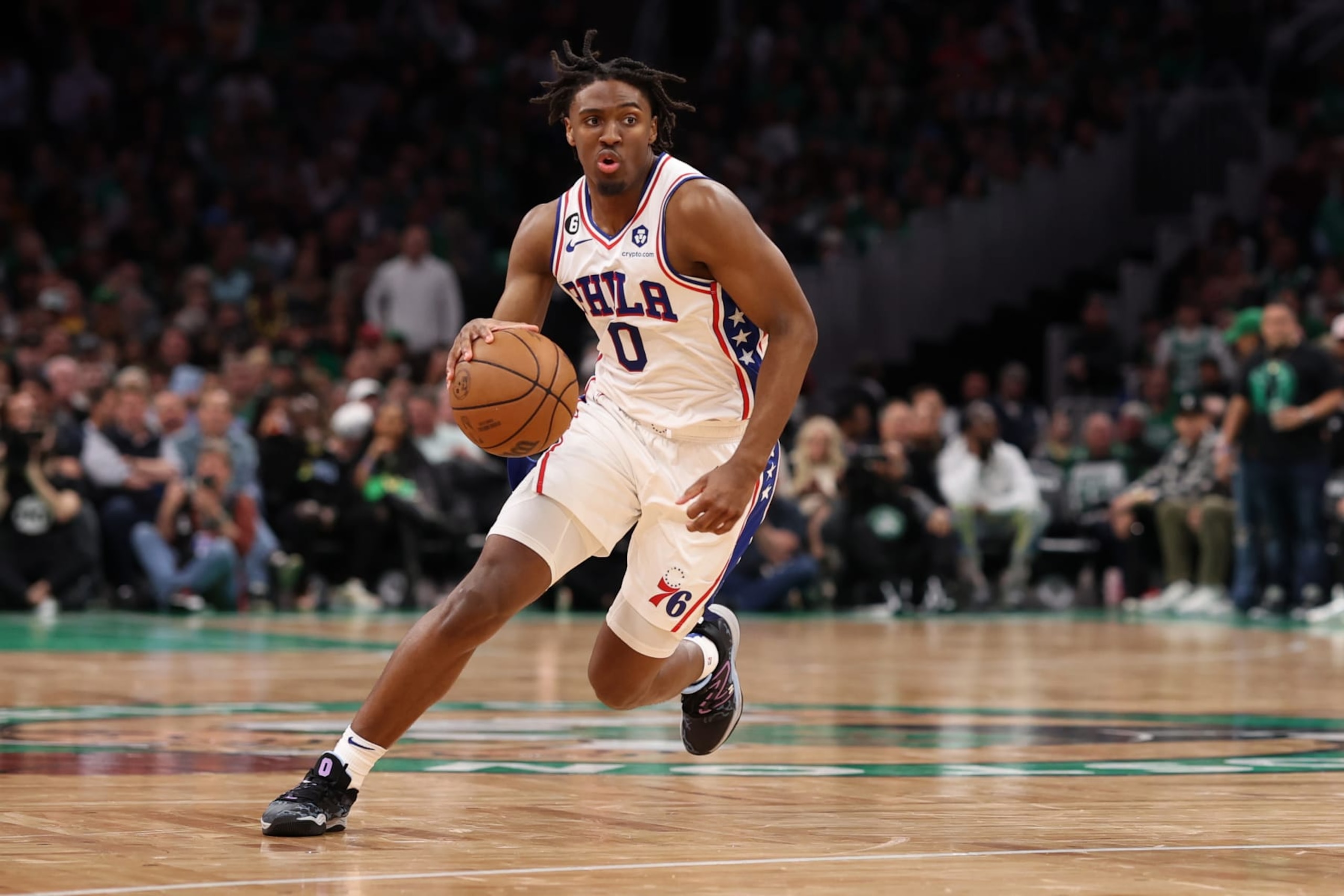 BOSTON, MASSACHUSETTS - MAY 03: Tyrese Maxey #0 of the Philadelphia 76ers dribbles against the Boston Celtics during the second half of game two of the Eastern Conference Second Round Playoffs at TD Garden on May 03, 2023 in Boston, Massachusetts. The Celtics defeat the 76ers 121-87. NOTE TO USER: User expressly acknowledges and agrees that, by downloading and or using this photograph, User is consenting to the terms and conditions of the Getty Images License Agreement. (Photo by Maddie Meyer/Getty Images)