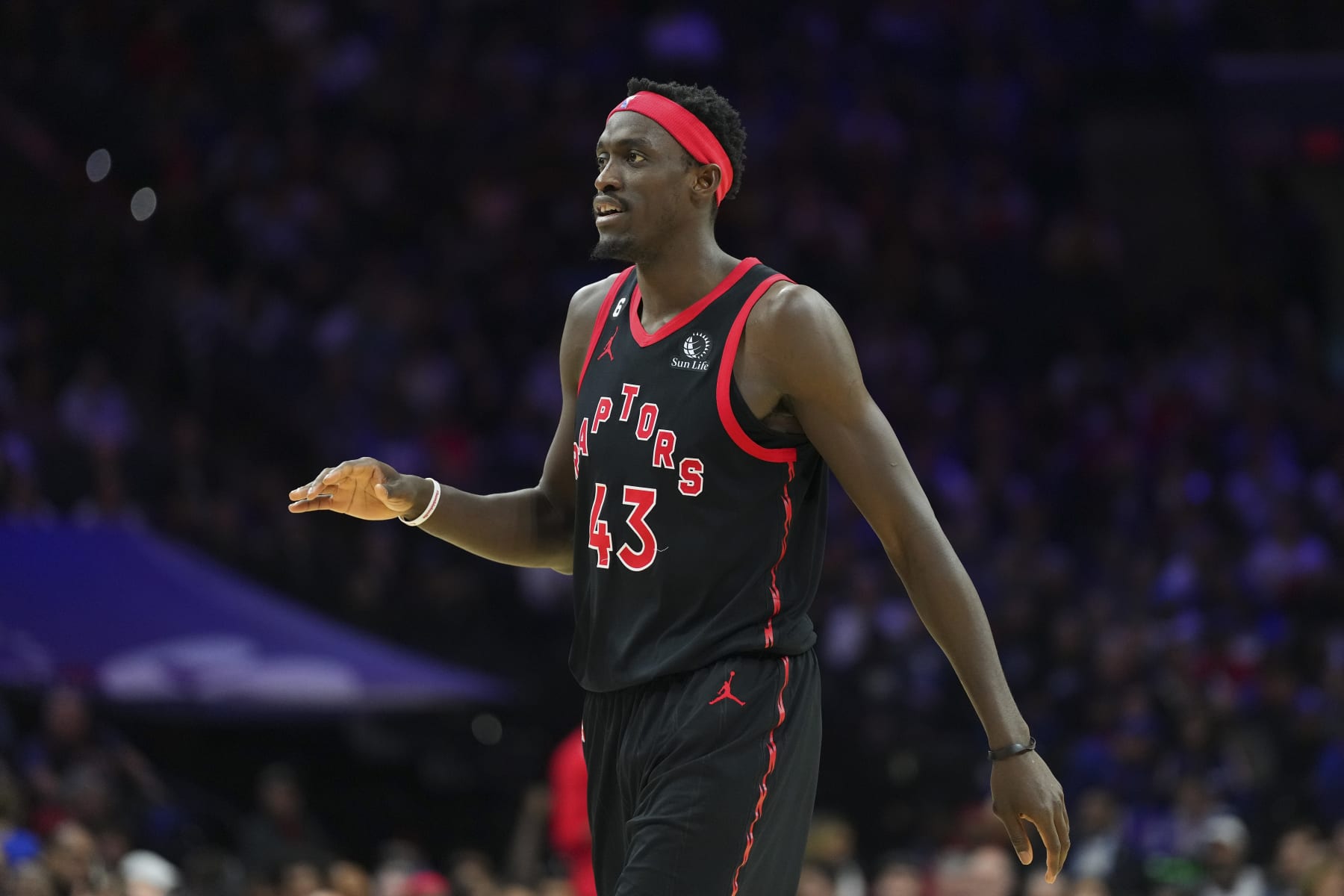 PHILADELPHIA, PA - MARCH 31: Pascal Siakam #43 of the Toronto Raptors looks on against the Philadelphia 76ers at the Wells Fargo Center on March 31, 2023 in Philadelphia, Pennsylvania. The 76ers defeated the Raptors 117-110. NOTE TO USER: User expressly acknowledges and agrees that, by downloading and or using this photograph, User is consenting to the terms and conditions of the Getty Images License Agreement. (Photo by Mitchell Leff/Getty Images)