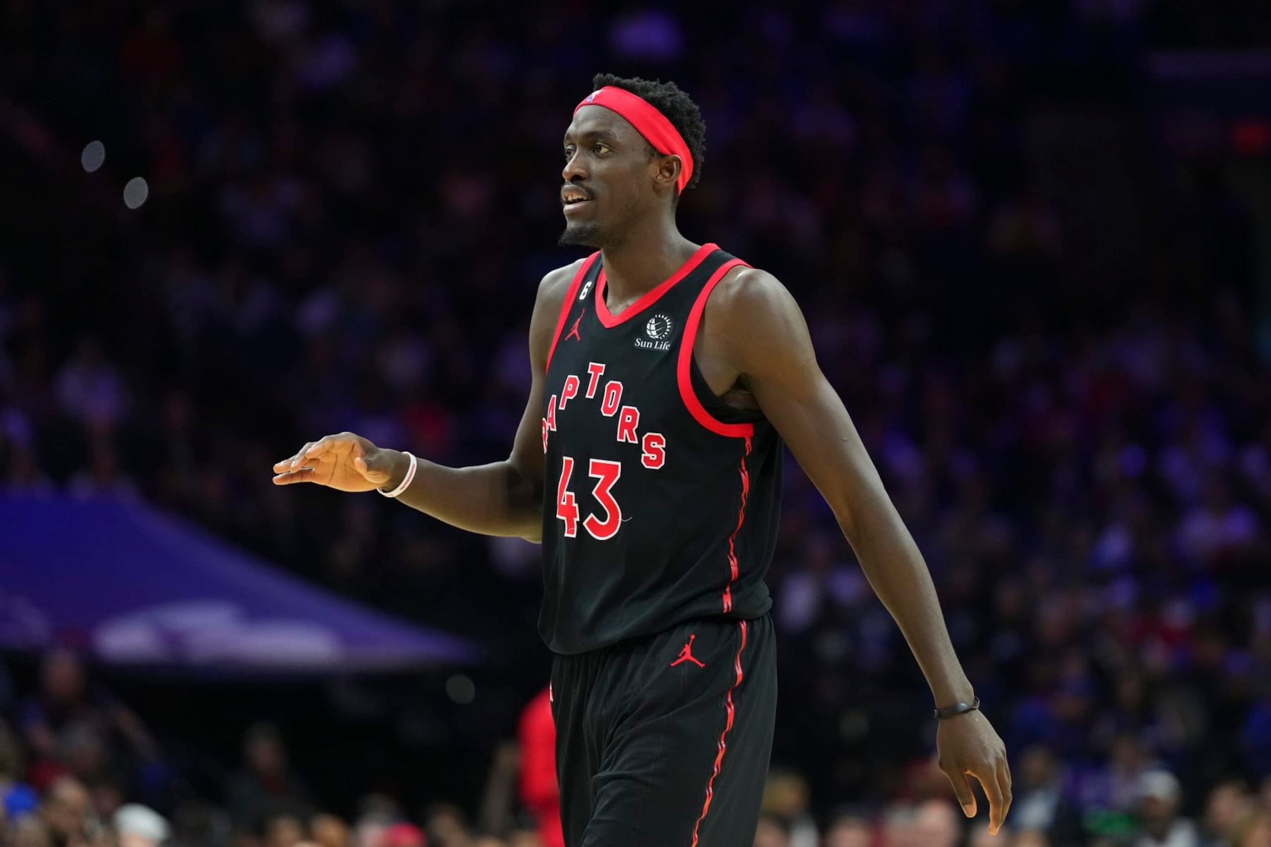 PHILADELPHIA, PA - MARCH 31: Pascal Siakam #43 of the Toronto Raptors looks on against the Philadelphia 76ers at the Wells Fargo Center on March 31, 2023 in Philadelphia, Pennsylvania. The 76ers defeated the Raptors 117-110. NOTE TO USER: User expressly acknowledges and agrees that, by downloading and or using this photograph, User is consenting to the terms and conditions of the Getty Images License Agreement. (Photo by Mitchell Leff/Getty Images)