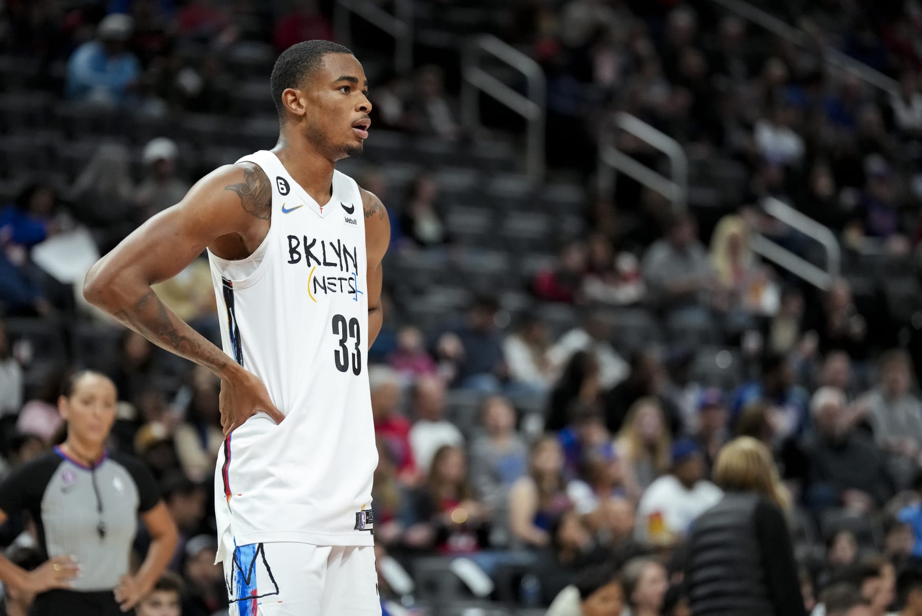 DETROIT, MICHIGAN - APRIL 05: Nic Claxton #33 of the Brooklyn Nets looks on against the Detroit Pistons at Little Caesars Arena on April 05, 2023 in Detroit, Michigan. NOTE TO USER: User expressly acknowledges and agrees that, by downloading and or using this photograph, User is consenting to the terms and conditions of the Getty Images License Agreement. (Photo by Nic Antaya/Getty Images)