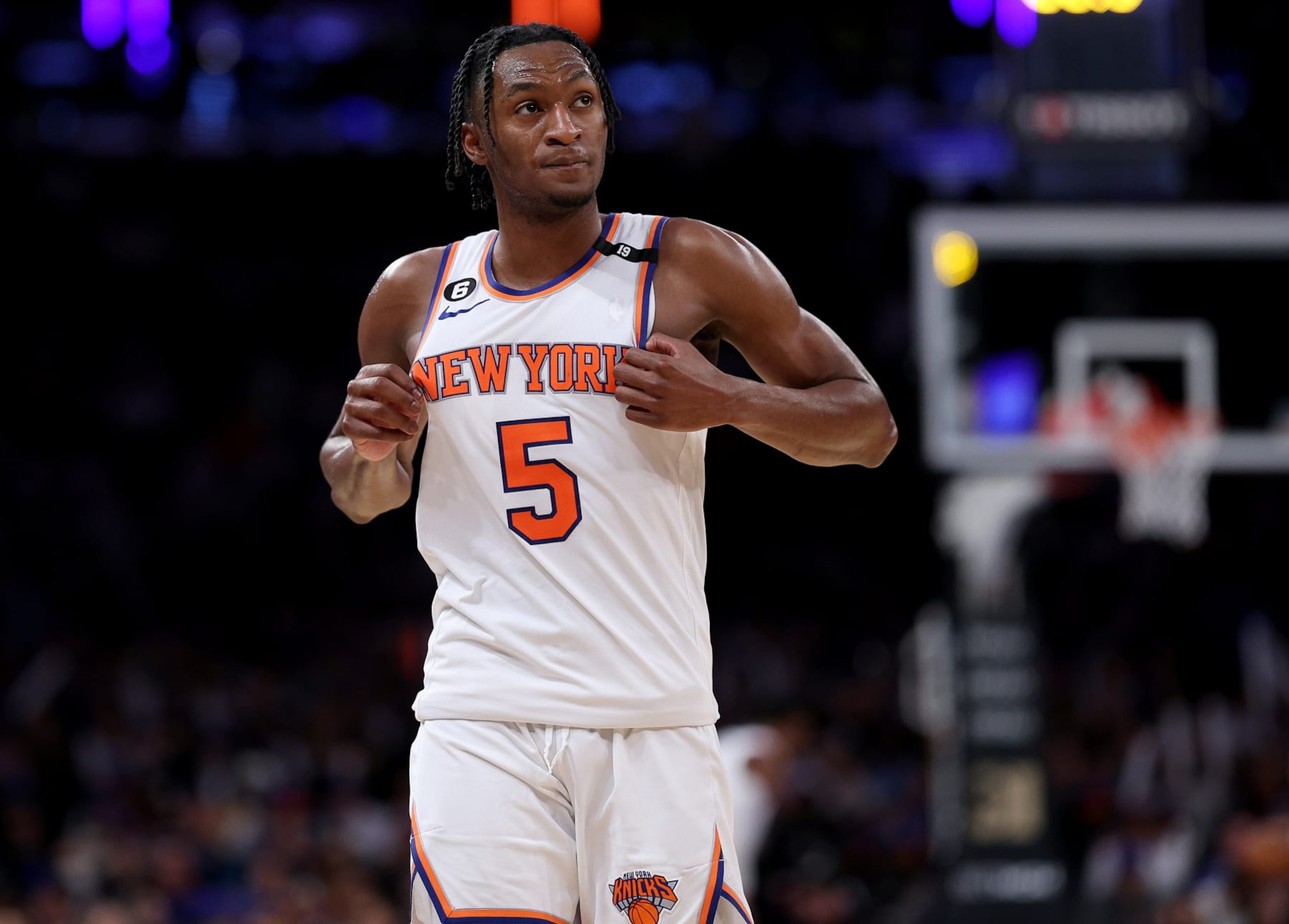 NEW YORK, NEW YORK - APRIL 09:  Immanuel Quickley #5 of the New York Knicks reacts late in the fourth quarter against the Indiana Pacers at Madison Square Garden on April 09, 2023 in New York City. NOTE TO USER: User expressly acknowledges and agrees that, by downloading and or using this photograph, User is consenting to the terms and conditions of the Getty Images License Agreement. (Photo by Elsa/Getty Images)