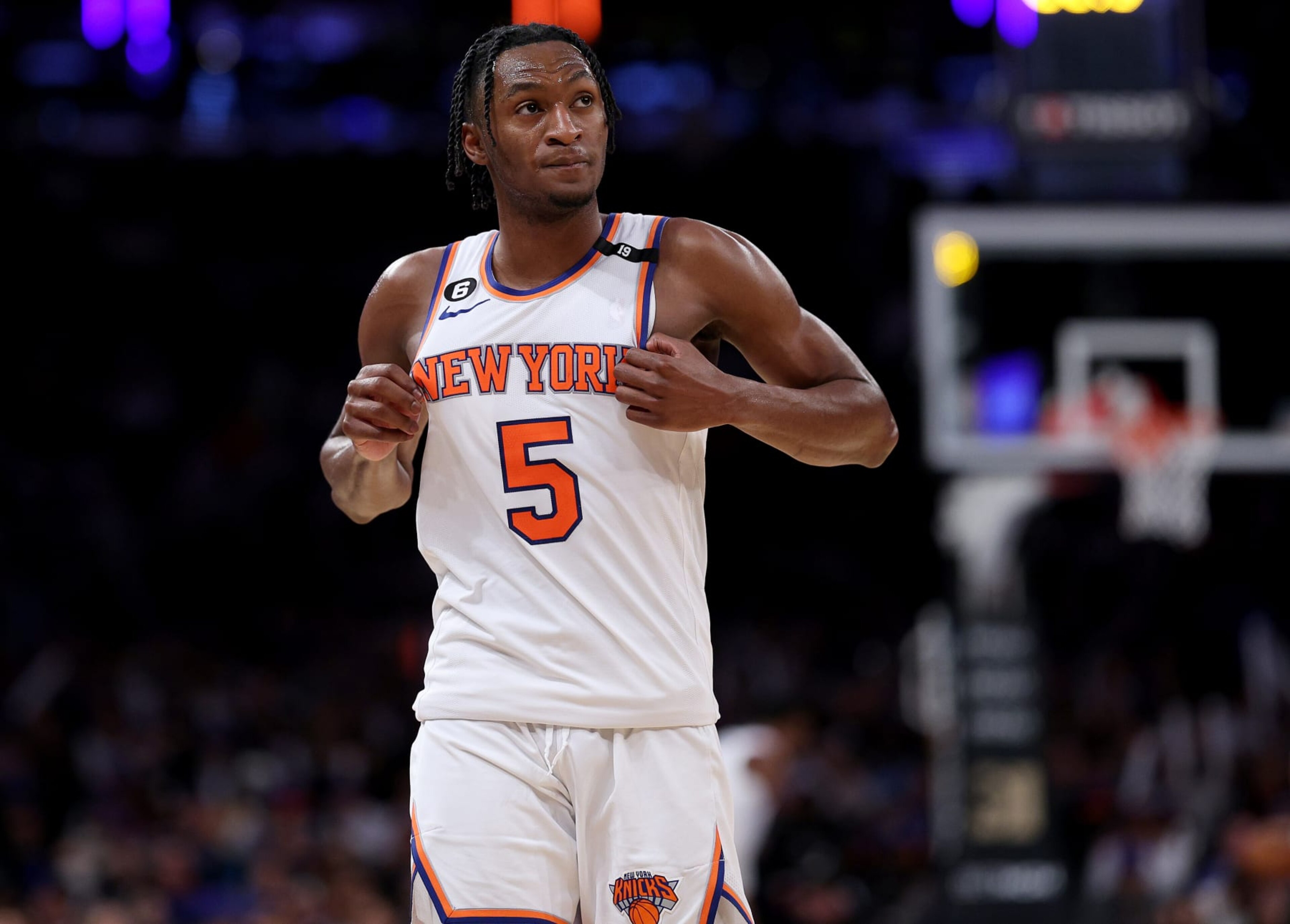 NEW YORK, NEW YORK - APRIL 09:  Immanuel Quickley #5 of the New York Knicks reacts late in the fourth quarter against the Indiana Pacers at Madison Square Garden on April 09, 2023 in New York City. NOTE TO USER: User expressly acknowledges and agrees that, by downloading and or using this photograph, User is consenting to the terms and conditions of the Getty Images License Agreement. (Photo by Elsa/Getty Images)