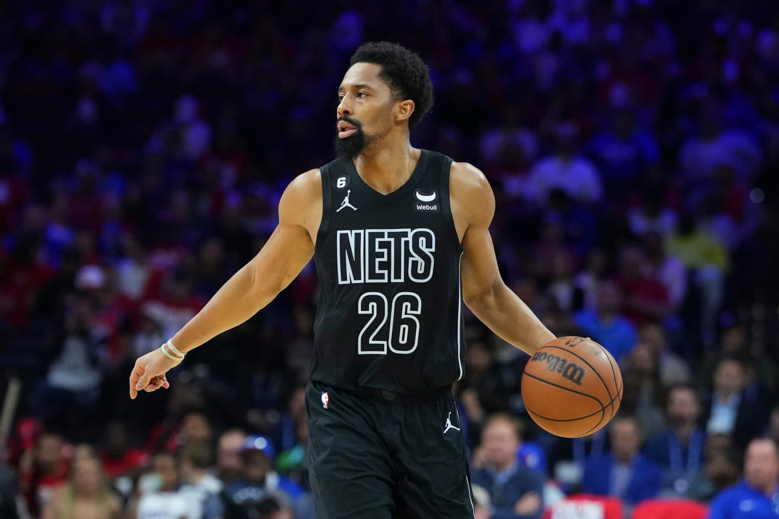 PHILADELPHIA, PA - APRIL 15: Spencer Dinwiddie #26 of the Brooklyn Nets dribbles the ball against the Philadelphia 76ers during Game One of the Eastern Conference First Round Playoffs at the Wells Fargo Center on April 15, 2023 in Philadelphia, Pennsylvania. The 76ers defeated the Nets 121-101. NOTE TO USER: User expressly acknowledges and agrees that, by downloading and or using this photograph, User is consenting to the terms and conditions of the Getty Images License Agreement. (Photo by Mitchell Leff/Getty Images)