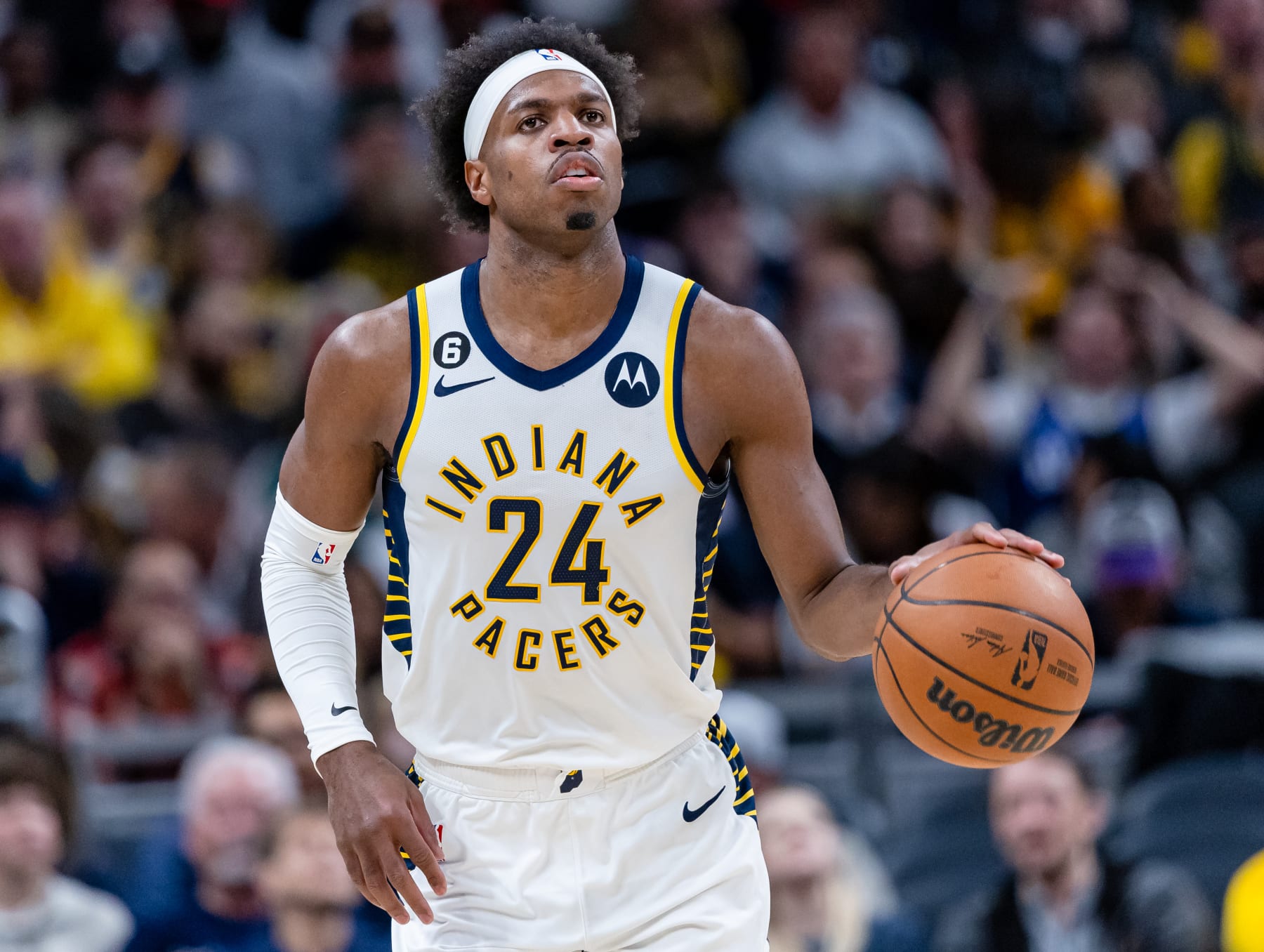 INDIANAPOLIS, IN - MARCH 09: Buddy Hield #24 of the Indiana Pacers brings the ball up court during the game against the Houston Rockets at Gainbridge Fieldhouse on March 9, 2023 in Indianapolis, Indiana. NOTE TO USER: User expressly acknowledges and agrees that, by downloading and or using this photograph, User is consenting to the terms and conditions of the Getty Images License Agreement. (Photo by Michael Hickey/Getty Images)