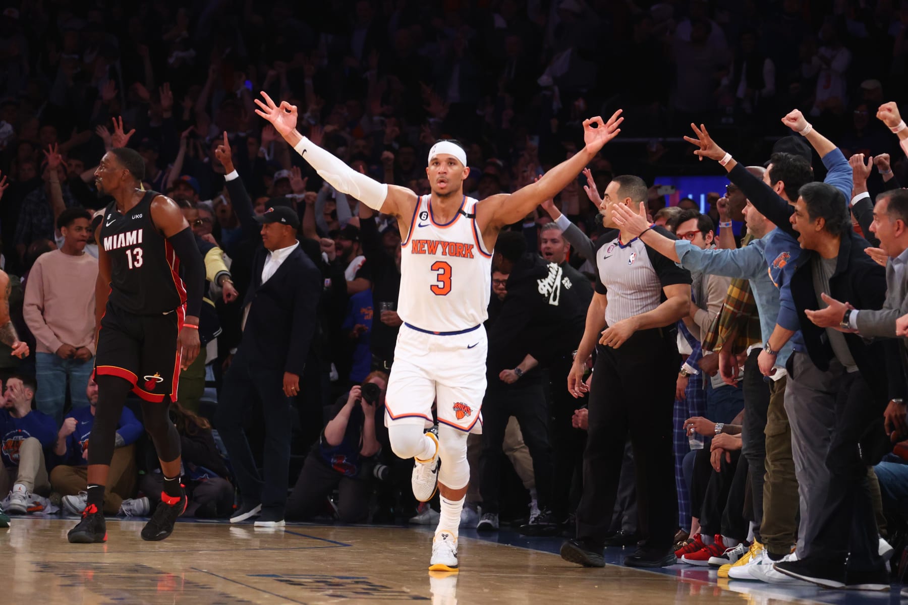 NEW YORK, NY - MAY 2: Josh Hart #3 of the New York Knicks celebrates a three point basket during Game Two of the Eastern Conference Semi-Finals 2023 NBA Playoffs against the Miami Heat on May 2, 2023 at Madison Square Garden in New York City, New York.  NOTE TO USER: User expressly acknowledges and agrees that, by downloading and or using this photograph, User is consenting to the terms and conditions of the Getty Images License Agreement. Mandatory Copyright Notice: Copyright 2023 NBAE  (Photo by Nathaniel S. Butler/NBAE via Getty Images)