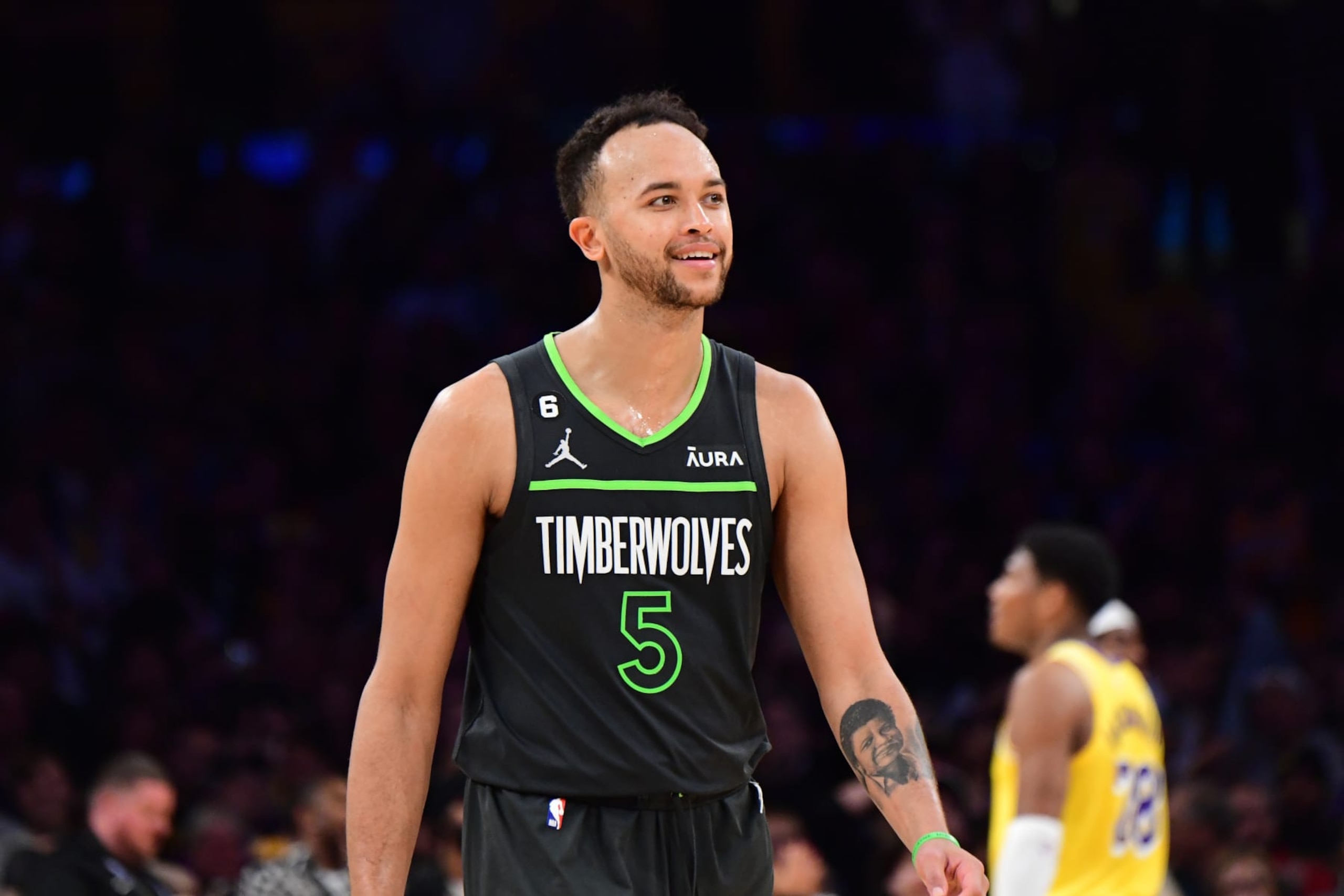 LOS ANGELES, CA - APRIL 11: Kyle Anderson #5 of the Minnesota Timberwolves smiles against the Los Angeles Lakers during the 2023 Play-In Tournament on April 11, 2023 at Crypto.Com Arena in Los Angeles, California. NOTE TO USER: User expressly acknowledges and agrees that, by downloading and/or using this Photograph, user is consenting to the terms and conditions of the Getty Images License Agreement. Mandatory Copyright Notice: Copyright 2023 NBAE (Photo by Adam Pantozzi/NBAE via Getty Images)