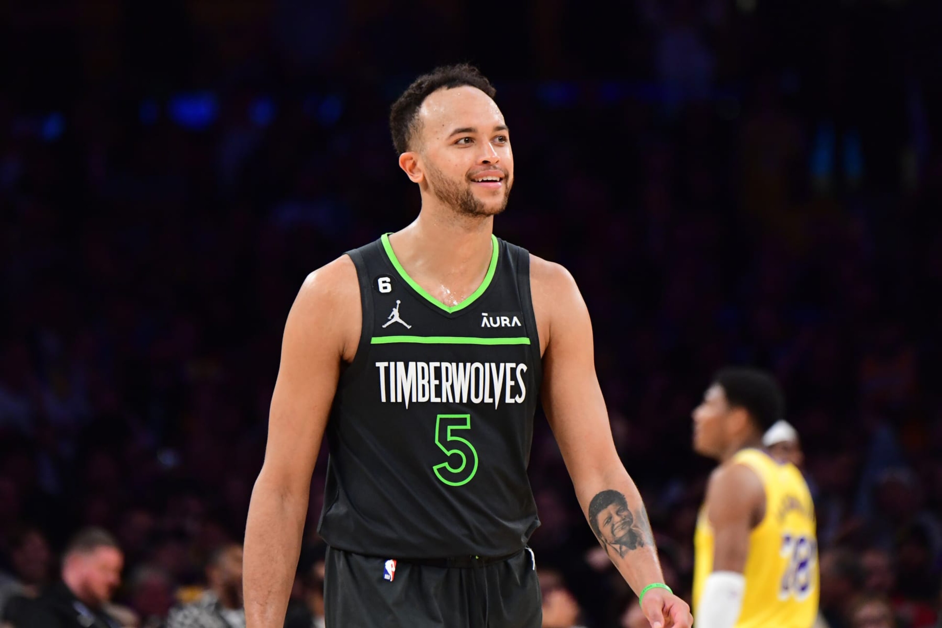 LOS ANGELES, CA - APRIL 11: Kyle Anderson #5 of the Minnesota Timberwolves smiles against the Los Angeles Lakers during the 2023 Play-In Tournament on April 11, 2023 at Crypto.Com Arena in Los Angeles, California. NOTE TO USER: User expressly acknowledges and agrees that, by downloading and/or using this Photograph, user is consenting to the terms and conditions of the Getty Images License Agreement. Mandatory Copyright Notice: Copyright 2023 NBAE (Photo by Adam Pantozzi/NBAE via Getty Images)