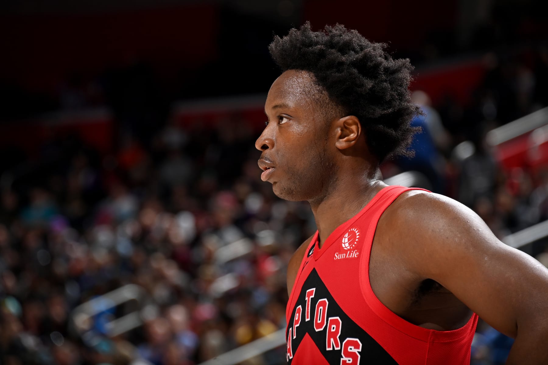 DETROIT, MI - FEBRUARY 25:  OG Anunoby #3 of the Toronto Raptors looks on during the game against the Detroit Pistons on February 25, 2023 at Little Caesars Arena in Detroit, Michigan. NOTE TO USER: User expressly acknowledges and agrees that, by downloading and/or using this photograph, User is consenting to the terms and conditions of the Getty Images License Agreement. Mandatory Copyright Notice: Copyright 2023 NBAE (Photo by Chris Schwegler/NBAE via Getty Images)