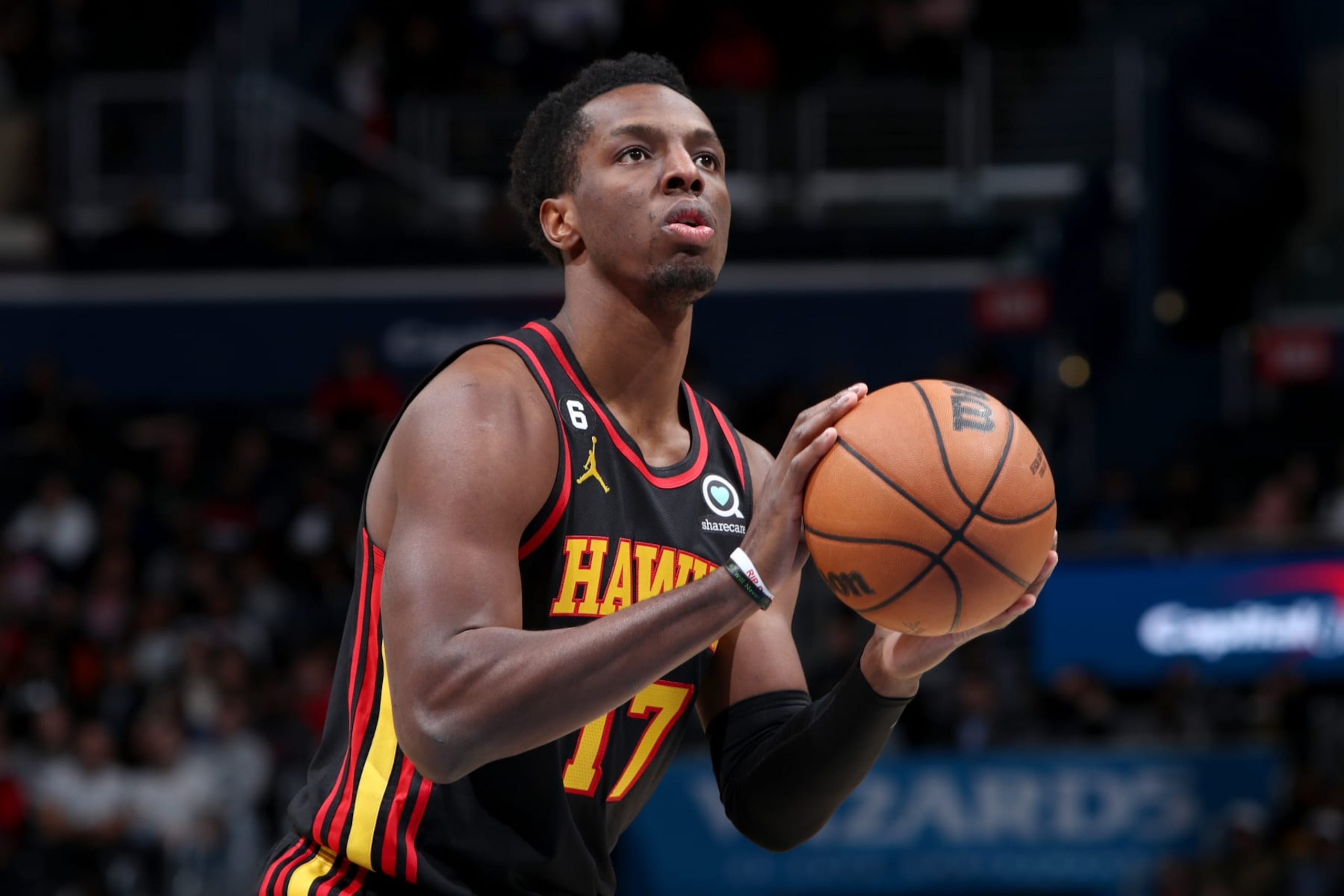 WASHINGTON, DC -  MARCH 10: Onyeka Okongwu #17 of the Atlanta Hawks prepares to shoot a free throw during the game against the Washington Wizards on March 10, 2023 at Capital One Arena in Washington, DC. NOTE TO USER: User expressly acknowledges and agrees that, by downloading and or using this Photograph, user is consenting to the terms and conditions of the Getty Images License Agreement. Mandatory Copyright Notice: Copyright 2023 NBAE (Photo by Kenny Giarla/NBAE via Getty Images)