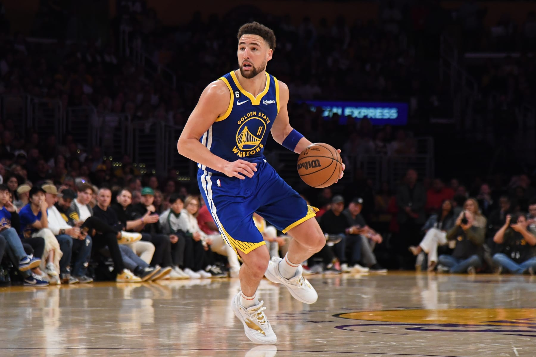 LOS ANGELES, CA - MAY 6:  Klay Thompson #11 of the Golden State Warriors dribbles the ball during Game 3 of the Western Conference Semi-Finals of the NBA Playoffs against the Los Angeles Lakers on May 6, 2023 at STAPLES Center in Los Angeles, California. NOTE TO USER: User expressly acknowledges and agrees that, by downloading and/or using this Photograph, user is consenting to the terms and conditions of the Getty Images License Agreement. Mandatory Copyright Notice: Copyright 2023 NBAE (Photo by Noah Graham/NBAE via Getty Images)