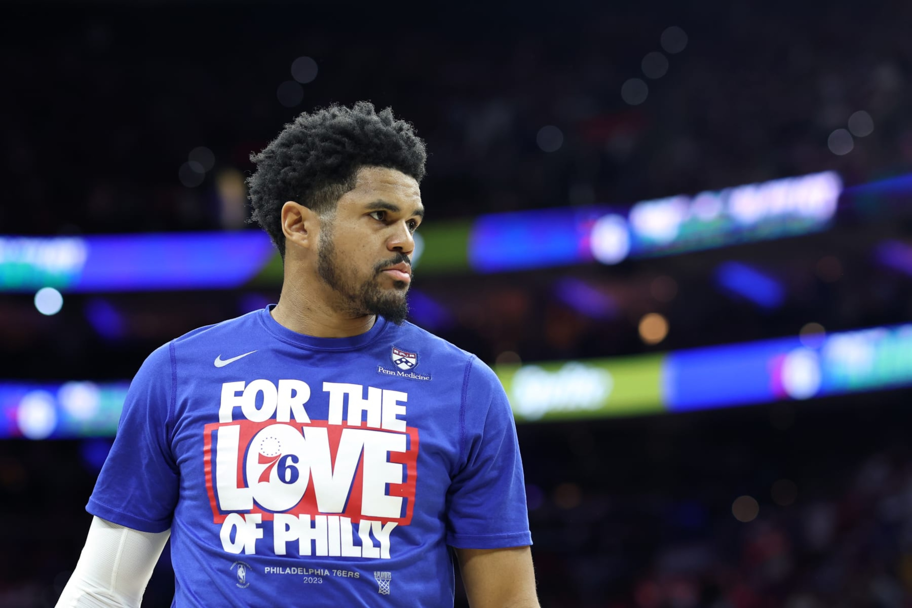 PHILADELPHIA, PENNSYLVANIA - MAY 11: Tobias Harris #12 of the Philadelphia 76ers looks on prior to game six of the Eastern Conference Semifinals in the 2023 NBA Playoffs against the Boston Celtics at Wells Fargo Center on May 11, 2023 in Philadelphia, Pennsylvania. NOTE TO USER: User expressly acknowledges and agrees that, by downloading and or using this photograph, User is consenting to the terms and conditions of the Getty Images License Agreement. (Photo by Tim Nwachukwu/Getty Images)