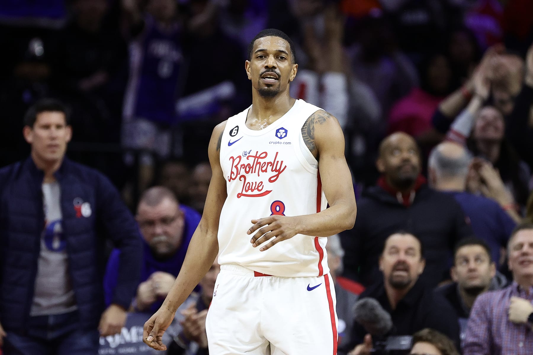 PHILADELPHIA, PENNSYLVANIA - MARCH 20: De'Anthony Melton #8 of the Philadelphia 76ers looks on during the fourth quarter against the Chicago Bulls at Wells Fargo Center on March 20, 2023 in Philadelphia, Pennsylvania. NOTE TO USER: User expressly acknowledges and agrees that, by downloading and or using this photograph, User is consenting to the terms and conditions of the Getty Images License Agreement. (Photo by Tim Nwachukwu/Getty Images) (Photo by Tim Nwachukwu/Getty Images)
