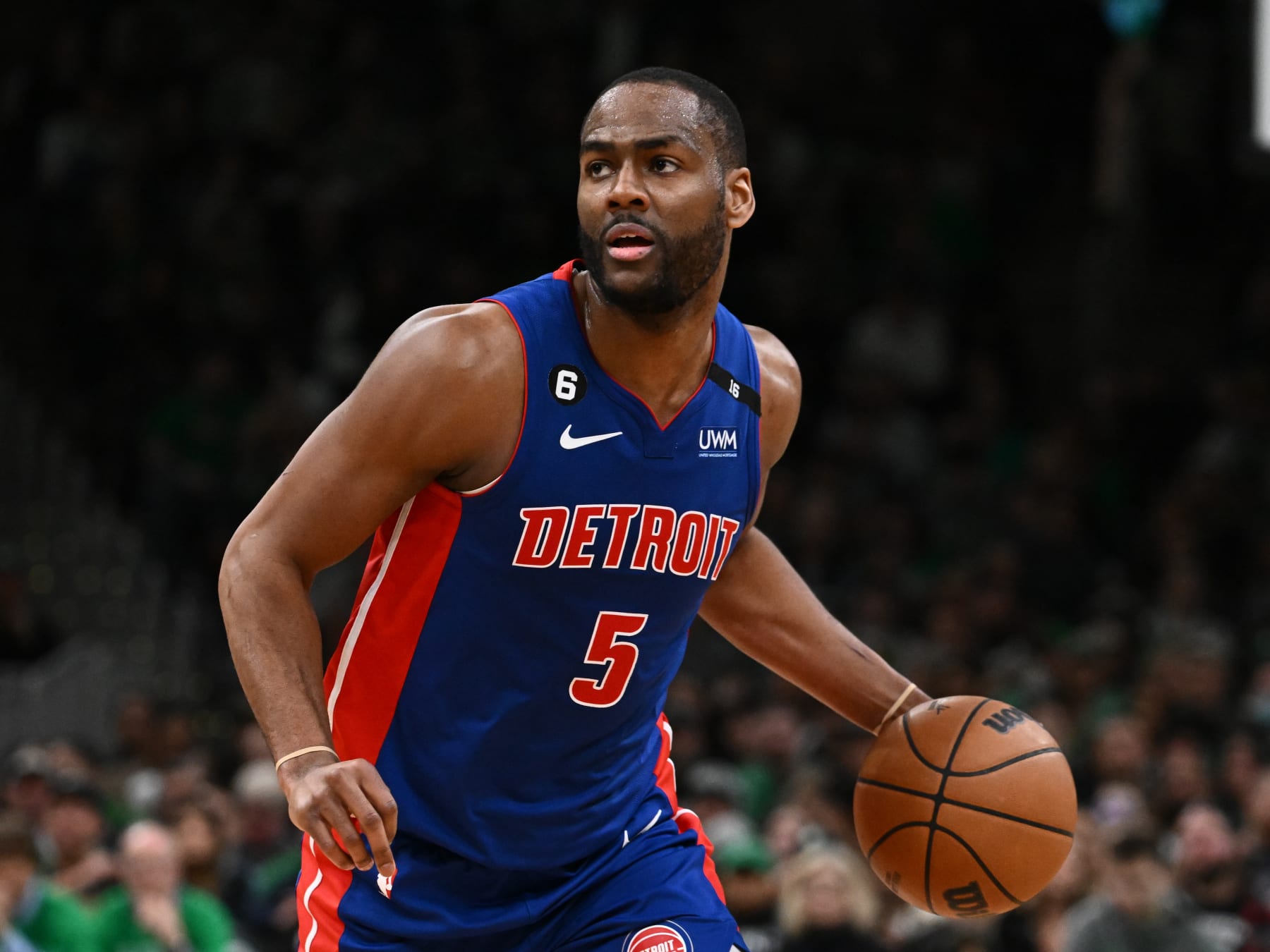 BOSTON, MASSACHUSETTS - FEBRUARY 15: Alec Burks #5 of the Detroit Pistons dribbles the ball against the Boston Celtics during the fourth quarter at the TD Garden on February 15, 2023 in Boston, Massachusetts. NOTE TO USER: User expressly acknowledges and agrees that, by downloading and or using this photograph, User is consenting to the terms and conditions of the Getty Images License Agreement. (Photo by Brian Fluharty/Getty Images)
