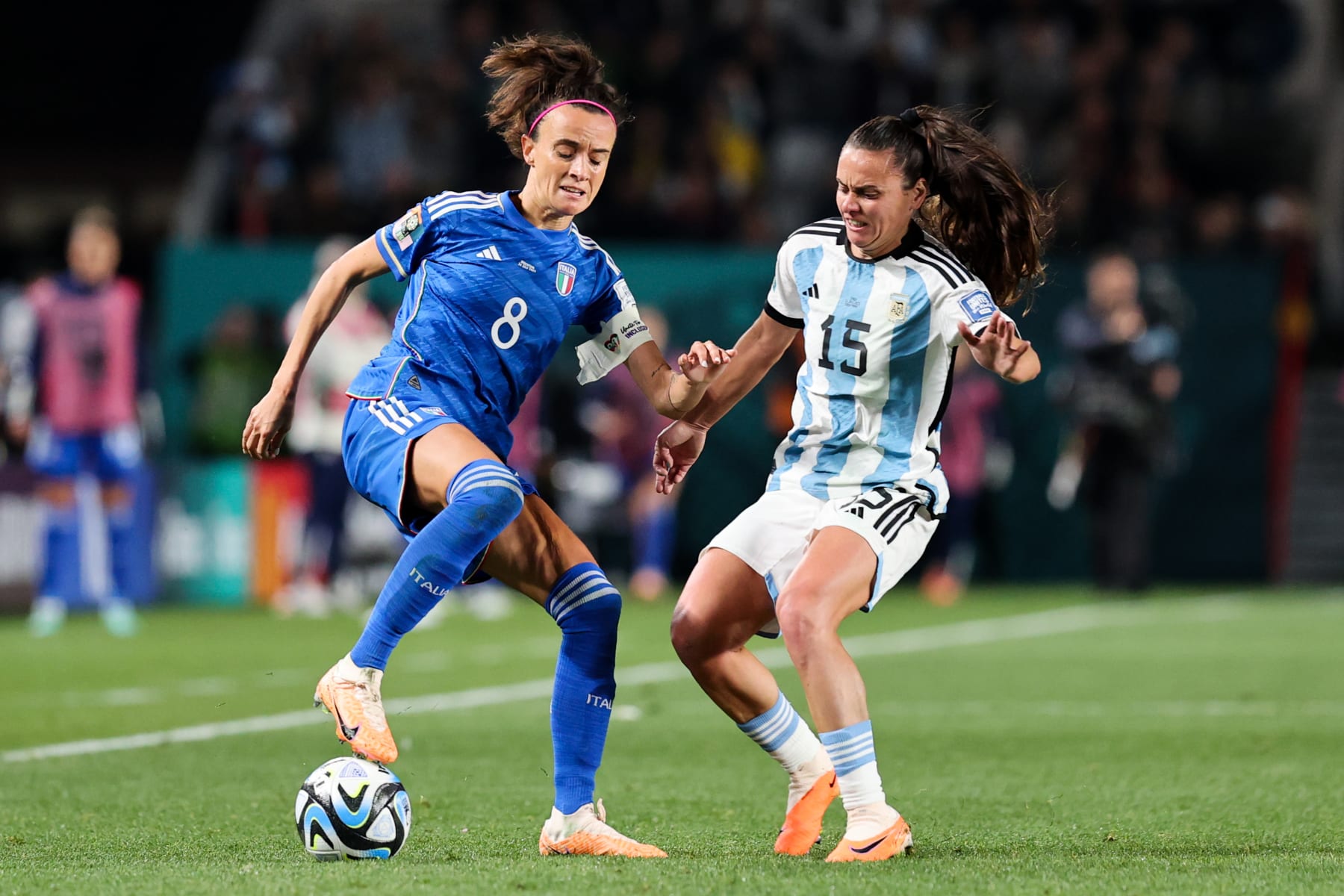 AUCKLAND, NEW ZEALAND - JULY 24: Barbara Bonansea #8 of Team Italy and Florencia Bonsegundo #15 of Team Argentina compete for the ball during the FIFA Women's World Cup Australia & New Zealand 2023 Group G match between Italy and Argentina at Eden Park on July 24, 2023 in Auckland, New Zealand. (Photo by Wu Zhizhao/VCG via Getty Images)