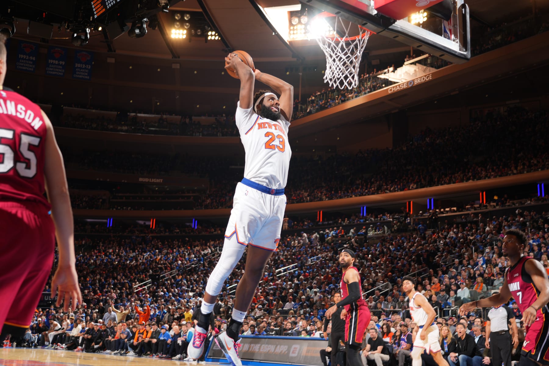 NEW YORK, NY - APRIL 30: Mitchell Robinson #23 of the New York Knicks drives to the basket during Game One of the Eastern Conference Semi-Finals of the 2023 NBA Playoffs against the Miami Heat on April 30, 2023 at Madison Square Garden in New York City, New York.  NOTE TO USER: User expressly acknowledges and agrees that, by downloading and or using this photograph, User is consenting to the terms and conditions of the Getty Images License Agreement. Mandatory Copyright Notice: Copyright 2023 NBAE  (Photo by Jesse D. Garrabrant/NBAE via Getty Images)