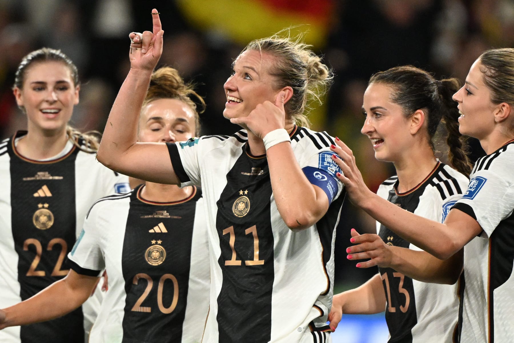 Germany's forward #11 Alexandra Popp (C) celebrates with teammates after scoring her team's second goal during the Australia and New Zealand 2023 Women's World Cup Group H football match between Germany and Morocco at Melbourne Rectangular Stadium, also known as AAMI Park, in Melbourne on July 24, 2023. (Photo by WILLIAM WEST / AFP) (Photo by WILLIAM WEST/AFP via Getty Images)