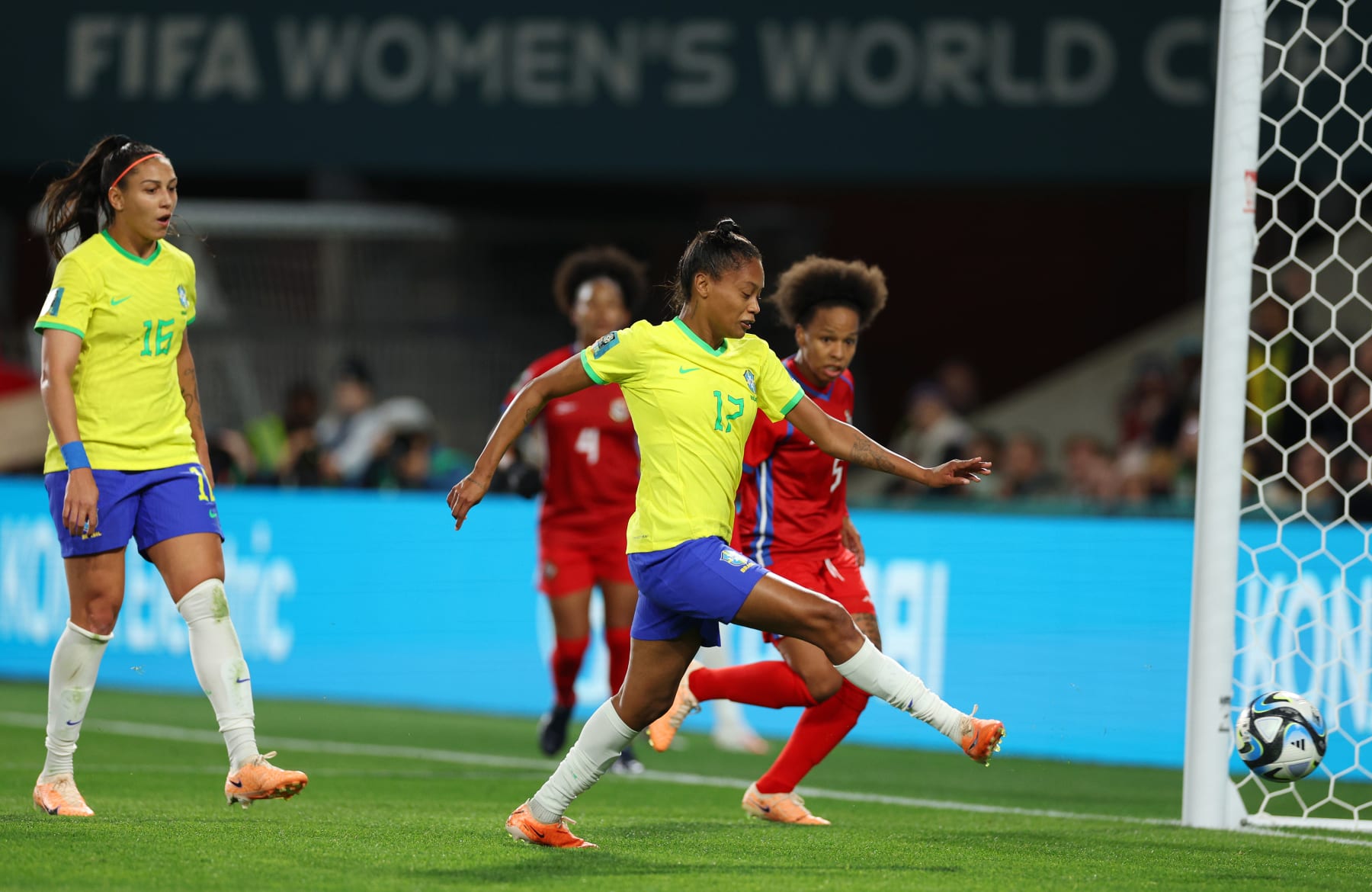 ADELAIDE, AUSTRALIA - JULY 24: Ary Borges of Brazil scores her team's second goal during the FIFA Women's World Cup Australia & New Zealand 2023 Group F match between Brazil and Panama at Hindmarsh Stadium on July 24, 2023 in Adelaide / Tarntanya, Australia. (Photo by Elsa - FIFA/FIFA via Getty Images)