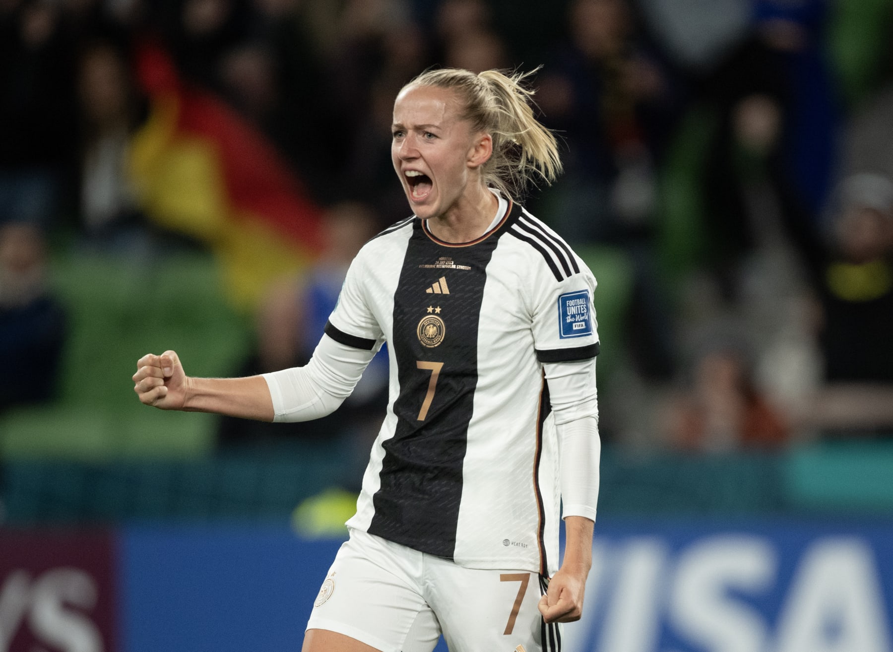 MELBOURNE, AUSTRALIA - JULY 24: Lea Schueller of Germany celebrates scoring during the FIFA Women's World Cup Australia & New Zealand 2023 Group H match between Germany and Morocco at Melbourne Rectangular Stadium on July 24, 2023 in Melbourne, Australia. (Photo by Joe Prior/Visionhaus via Getty Images)