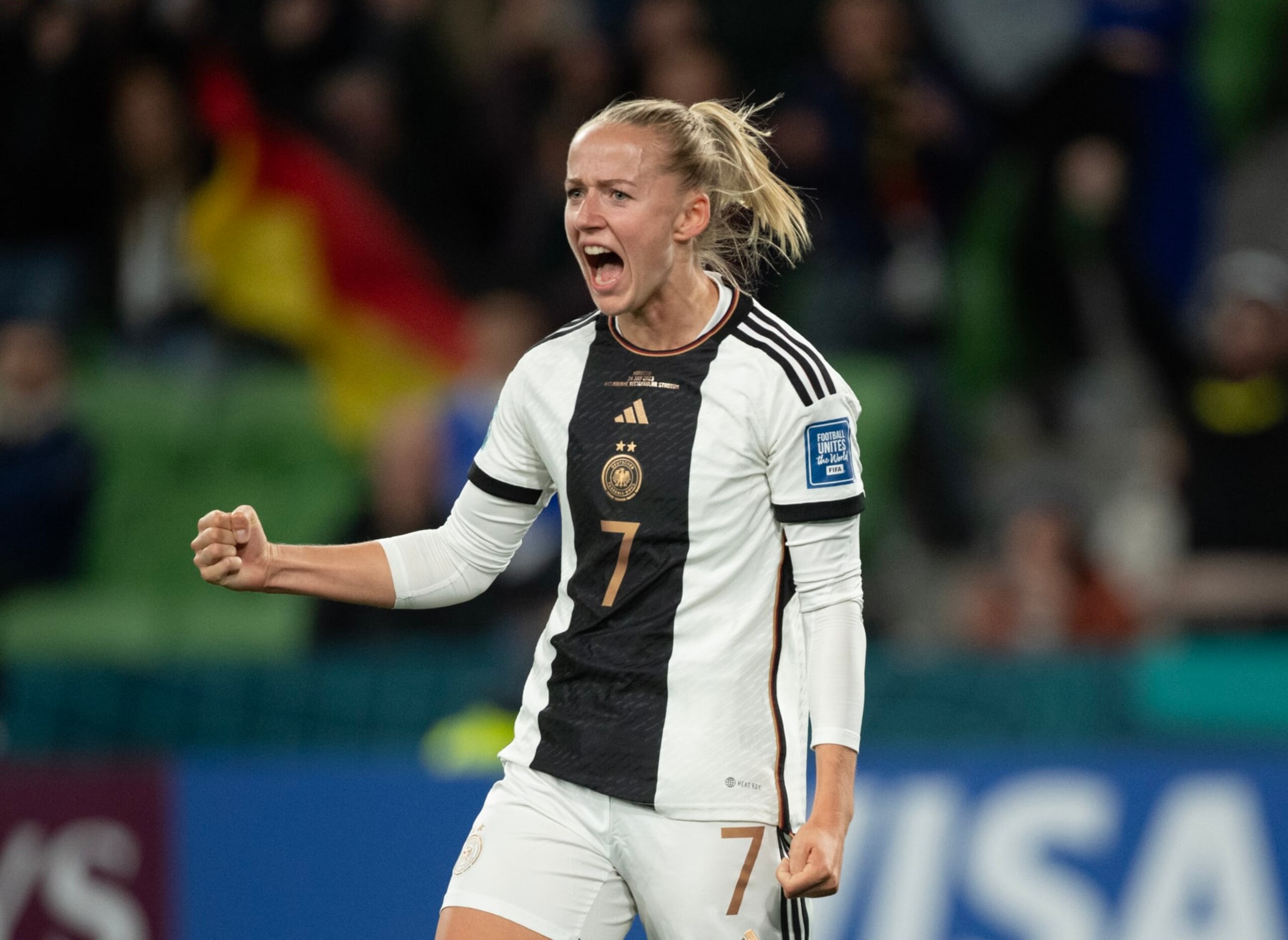 MELBOURNE, AUSTRALIA - JULY 24: Lea Schueller of Germany celebrates scoring during the FIFA Women's World Cup Australia & New Zealand 2023 Group H match between Germany and Morocco at Melbourne Rectangular Stadium on July 24, 2023 in Melbourne, Australia. (Photo by Joe Prior/Visionhaus via Getty Images)