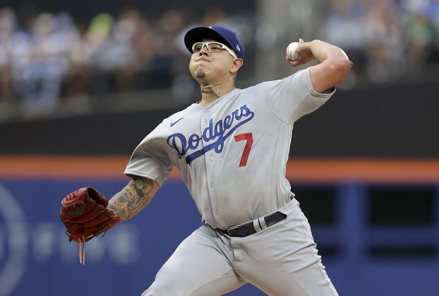 NEW YORK, NEW YORK - JULY 14:  Julio Urias #7 of the Los Angeles Dodgers in action against the New York Mets at Citi Field on July 14, 2023 in New York City. The Dodgers defeated the Mets 6-0. (Photo by Jim McIsaac/Getty Images)
