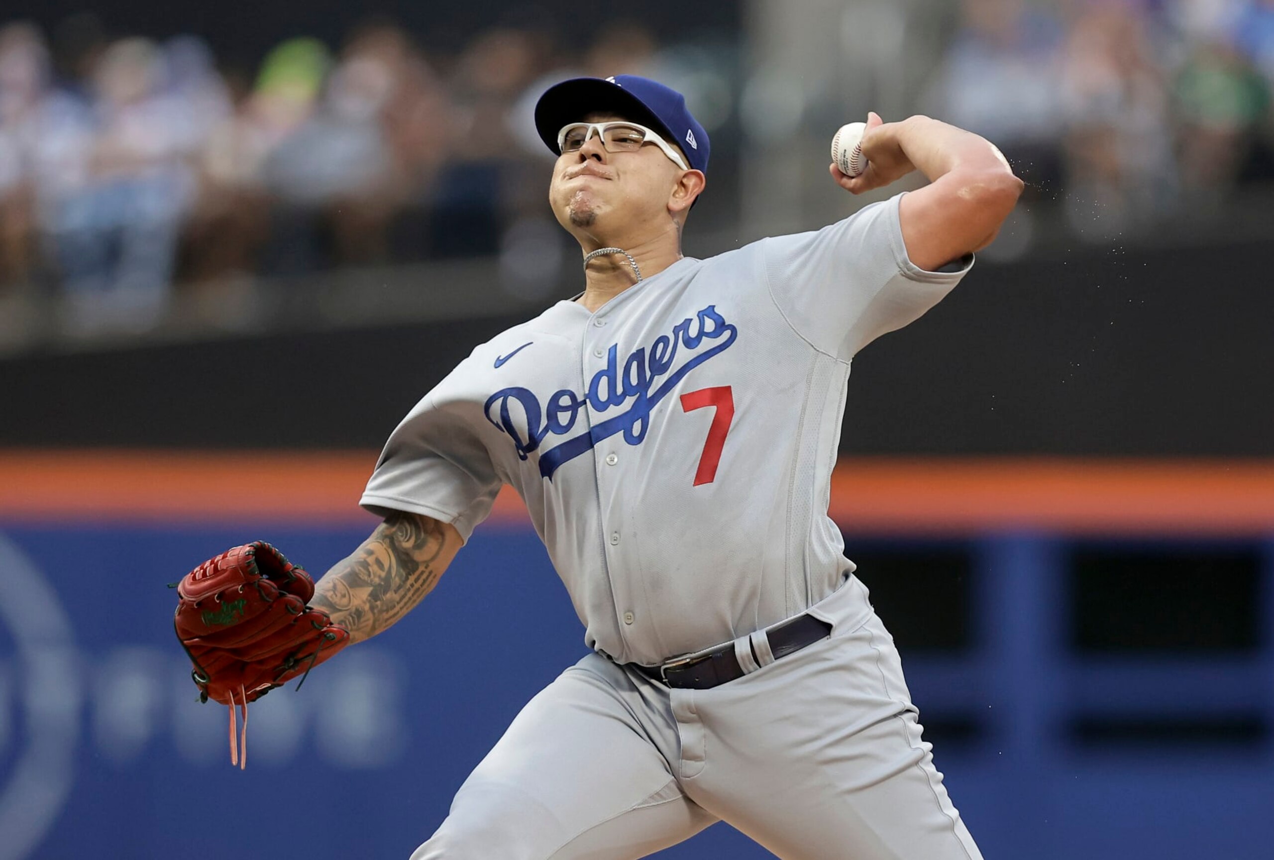 NEW YORK, NEW YORK - JULY 14:  Julio Urias #7 of the Los Angeles Dodgers in action against the New York Mets at Citi Field on July 14, 2023 in New York City. The Dodgers defeated the Mets 6-0. (Photo by Jim McIsaac/Getty Images)