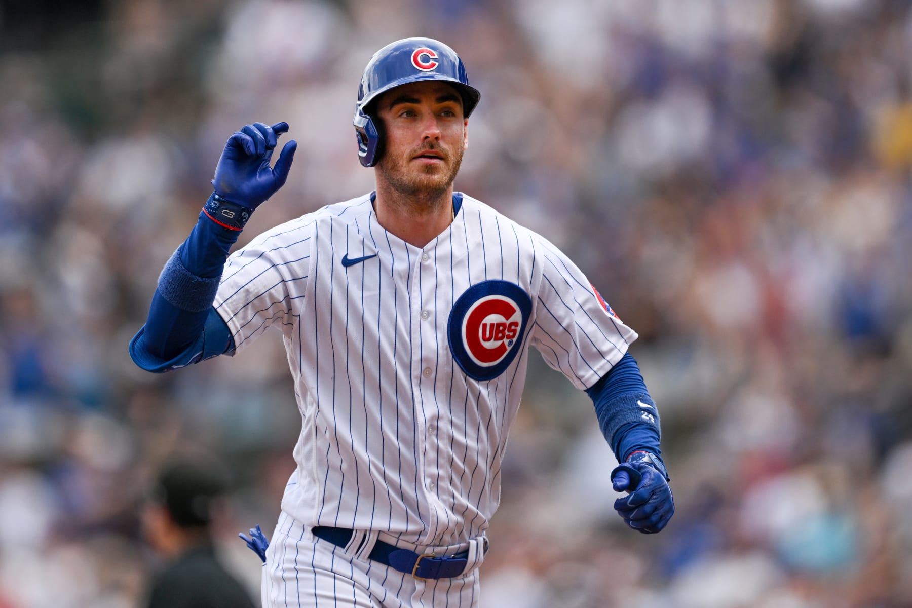 CHICAGO, ILLINOIS - JULY 15: Cody Bellinger #24 of the Chicago Cubs rounds the bases after his grand slam home run in the third inning against of the game the Boston Red Sox at Wrigley Field on July 15, 2023 in Chicago, Illinois. (Photo by Quinn Harris/Getty Images)