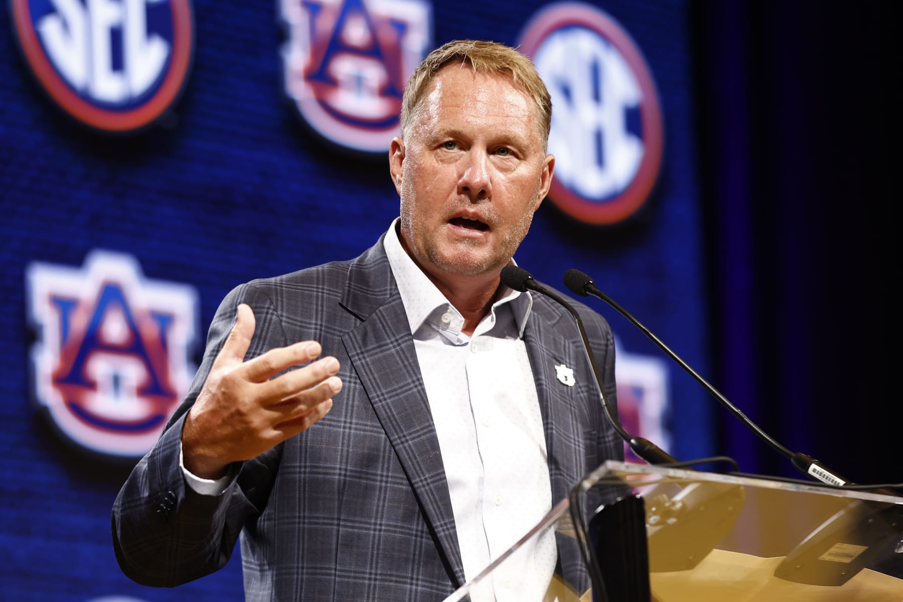 NASHVILLE, TENNESSEE - JULY 18: Head Coach Hugh Freeze of the Auburn Tigers speaks during Day 2 of the 2023 SEC Media Days at Grand Hyatt Nashville on July 18, 2023 in Nashville, Tennessee. (Photo by Johnnie Izquierdo/Getty Images)