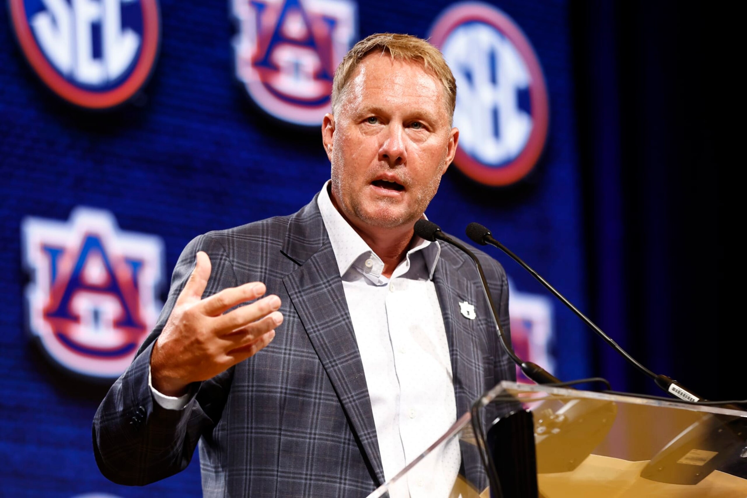 NASHVILLE, TENNESSEE - JULY 18: Head Coach Hugh Freeze of the Auburn Tigers speaks during Day 2 of the 2023 SEC Media Days at Grand Hyatt Nashville on July 18, 2023 in Nashville, Tennessee. (Photo by Johnnie Izquierdo/Getty Images)