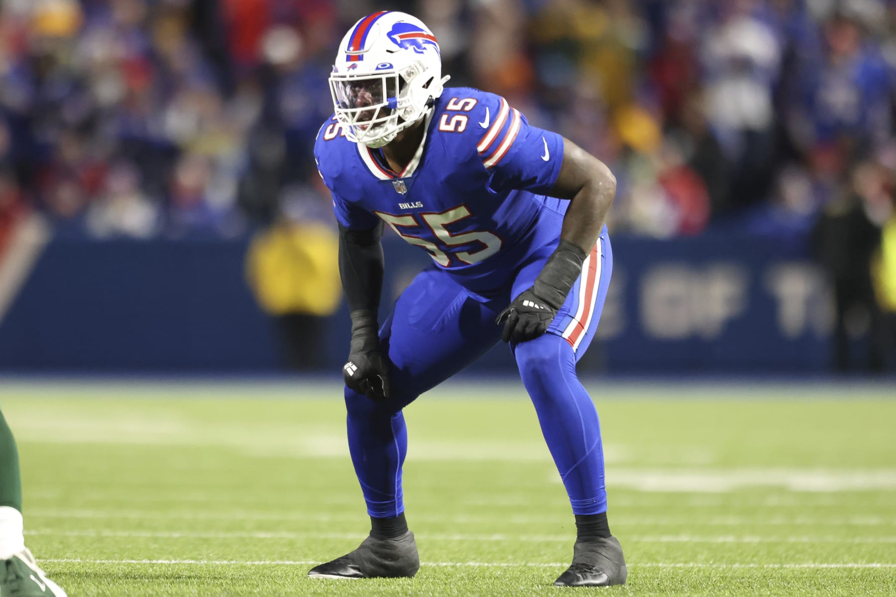 Buffalo Bills defensive end Boogie Basham (55) lines up during an NFL football game against the Green Bay Packers, Sunday, Oct. 30, 2022, in Orchard Park, N.Y. (AP Photo/Bryan Bennett)