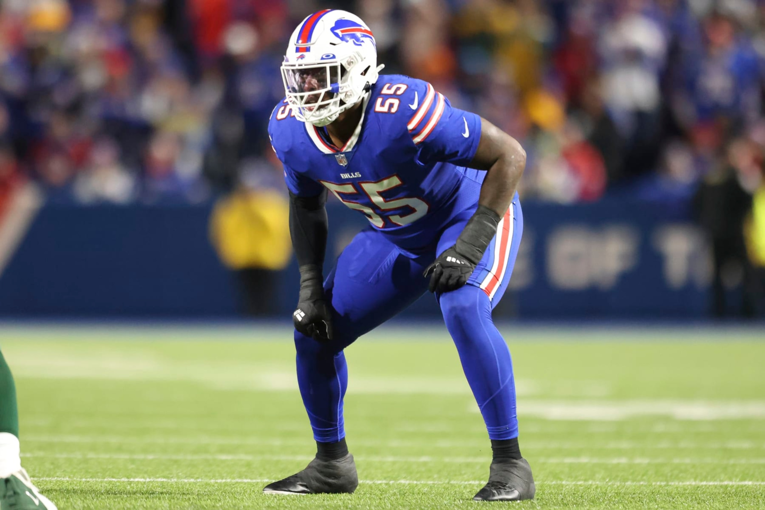 Buffalo Bills defensive end Boogie Basham (55) lines up during an NFL football game against the Green Bay Packers, Sunday, Oct. 30, 2022, in Orchard Park, N.Y. (AP Photo/Bryan Bennett)
