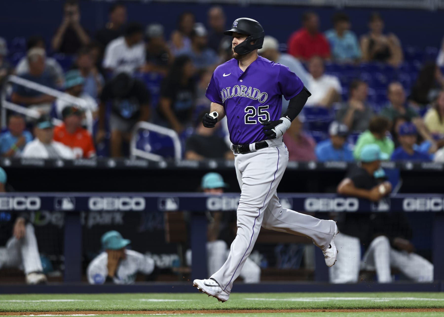 MIAMI, FL - JULY 21: C.J. Cron #25 of the Colorado Rockies rounds the bases after hitting a two-run home run during the first inning of a game against the Miami Marlins at loanDepot Park on July 21, 2023 in Miami, Florida. (Photo by Kevin Sabitus/Getty Images)