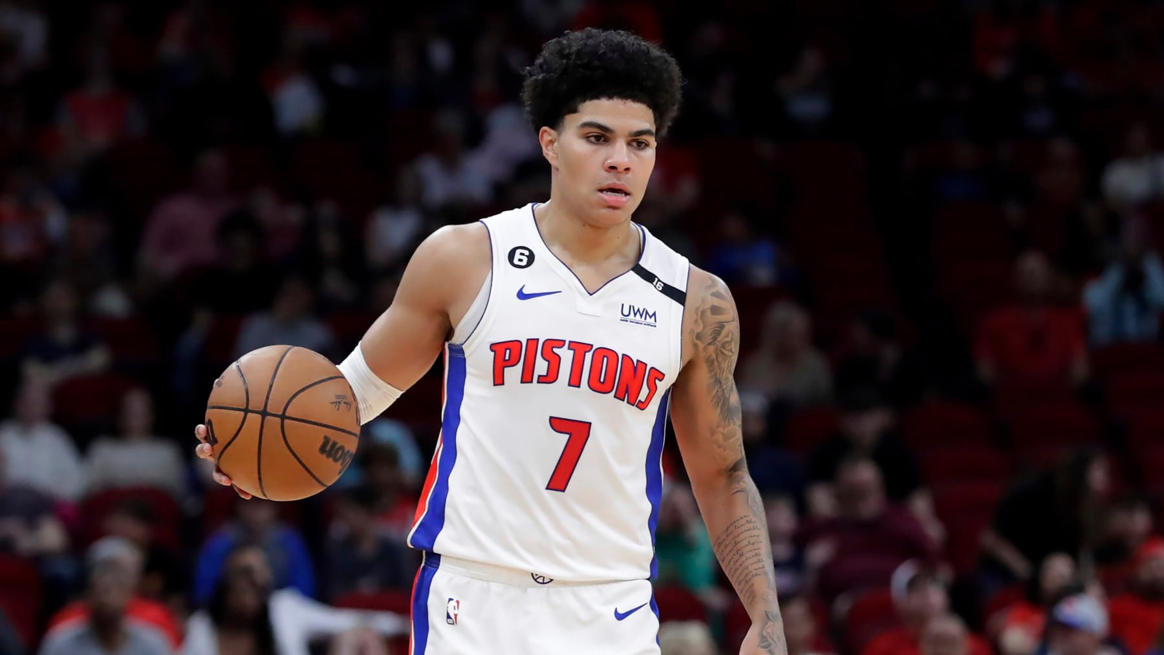 Detroit Pistons guard Killian Hayes during the first half of an NBA basketball game against the Houston Rockets Friday, March 31, 2023, in Houston. (AP Photo/Michael Wyke)