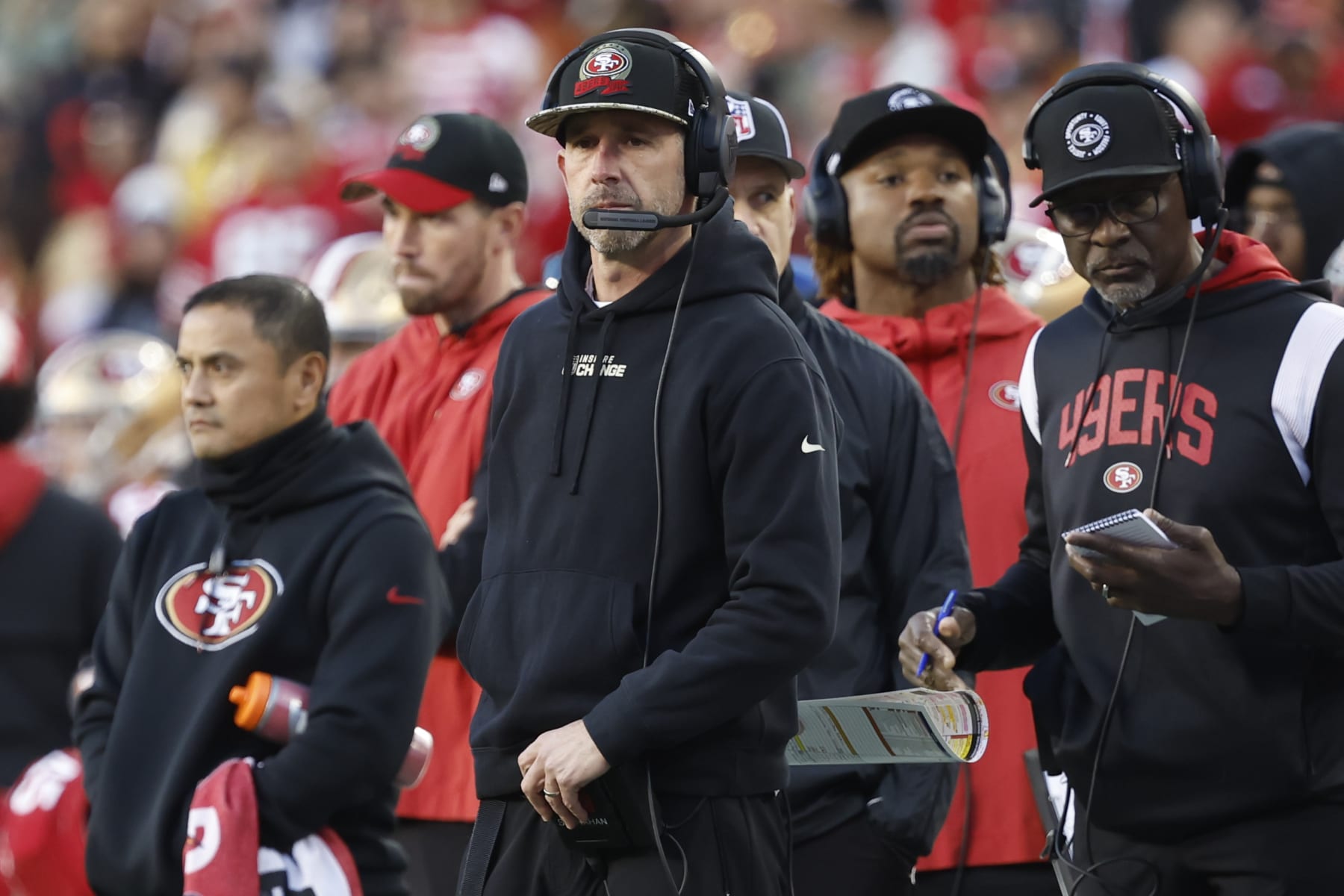 San Francisco 49ers head coach Kyle Shanahan watches during the first half of an NFL divisional round playoff football game against the Dallas Cowboys in Santa Clara, Calif., Sunday, Jan. 22, 2023. (AP Photo/Josie Lepe)