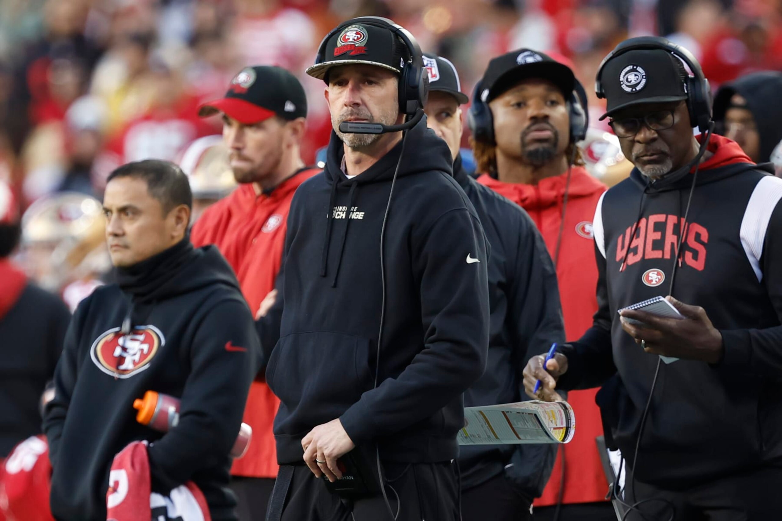 San Francisco 49ers head coach Kyle Shanahan watches during the first half of an NFL divisional round playoff football game against the Dallas Cowboys in Santa Clara, Calif., Sunday, Jan. 22, 2023. (AP Photo/Josie Lepe)