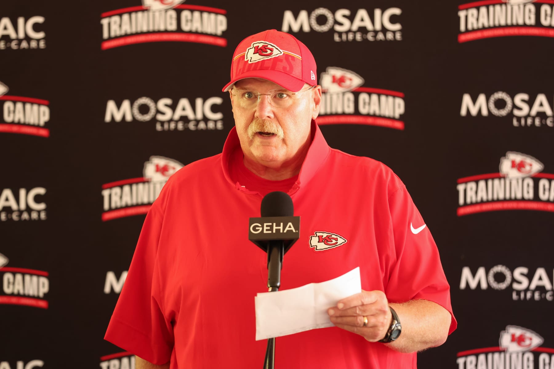ST. JOSEPH, MO - JULY 23: Kansas City Chiefs head coach Andy Reid talks to the press after training camp on July 23, 2023 at Missouri Western State University in St. Joseph, MO. (Photo by Scott Winters/Icon Sportswire via Getty Images)