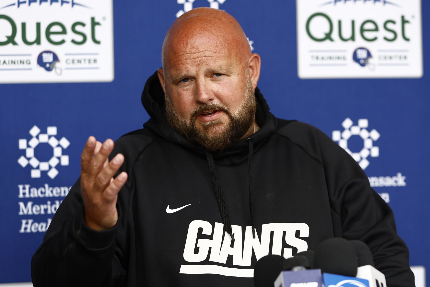 EAST RUTHERFORD, NEW JERSEY - JUNE 14: Head coach Brian Daboll of the New York Giants talks with reporters before the team's mini camp at Quest Training Center on June 14, 2023 in East Rutherford, New Jersey. (Photo by Rich Schultz/Getty Images)