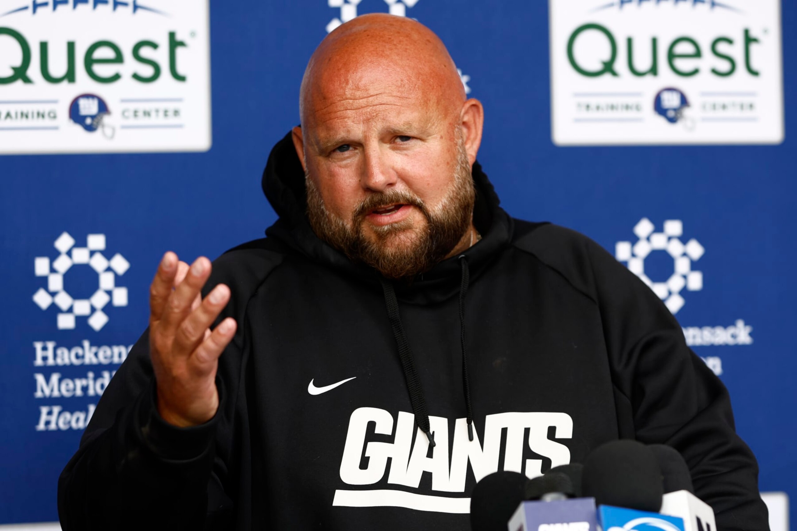 EAST RUTHERFORD, NEW JERSEY - JUNE 14: Head coach Brian Daboll of the New York Giants talks with reporters before the team's mini camp at Quest Training Center on June 14, 2023 in East Rutherford, New Jersey. (Photo by Rich Schultz/Getty Images)