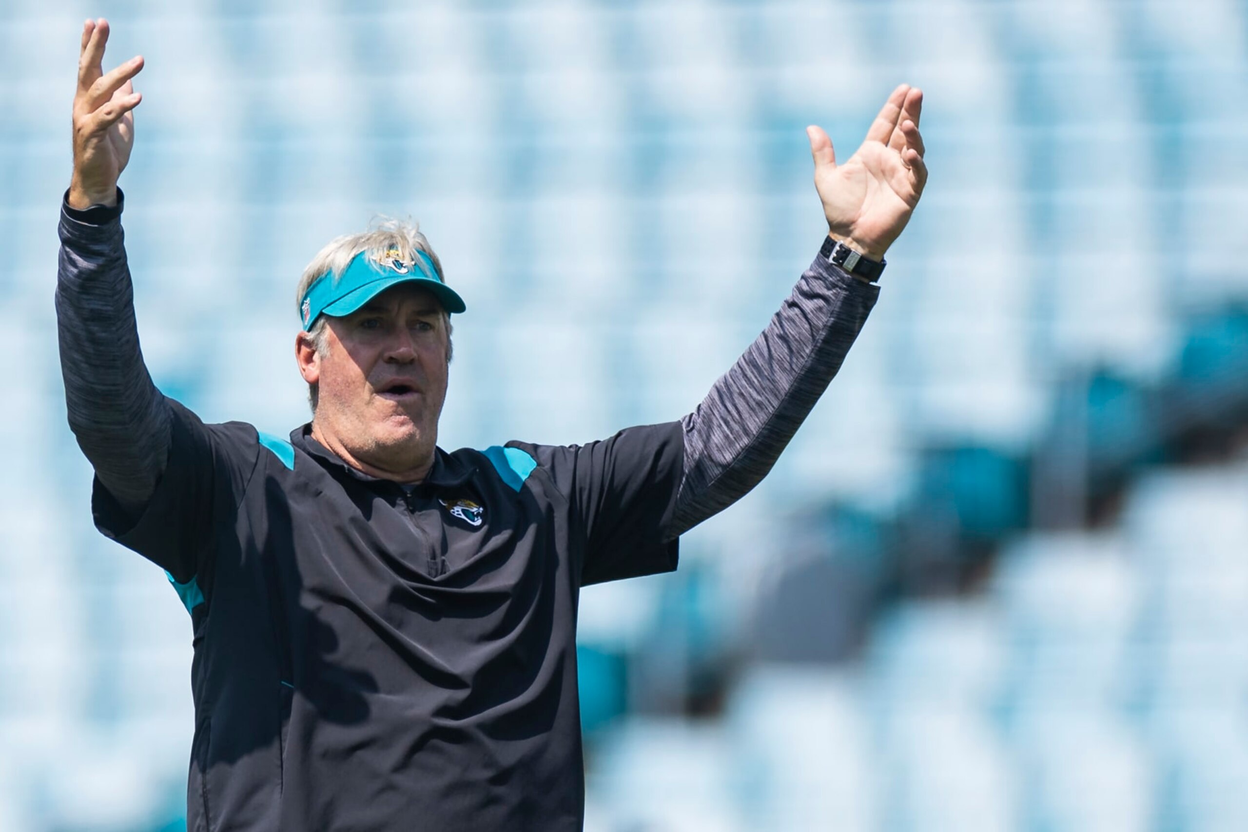 JACKSONVILLE, FLORIDA - MAY 30: Head Coach Doug Pederson of the Jacksonville Jaguars reacts during an offseason workout on May 30, 2023 at TIAA Bank field in Jacksonville, Florida. (Photo by James Gilbert/Getty Images)