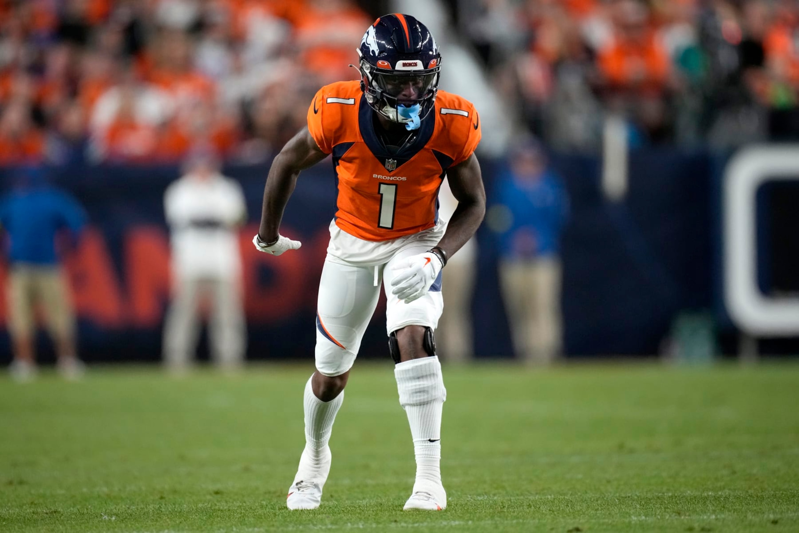 Denver Broncos wide receiver KJ Hamler (1) lines up against the Indianapolis Colts during the first half of an NFL football game, Thursday, Oct. 6, 2022, in Denver. (AP Photo/David Zalubowski)