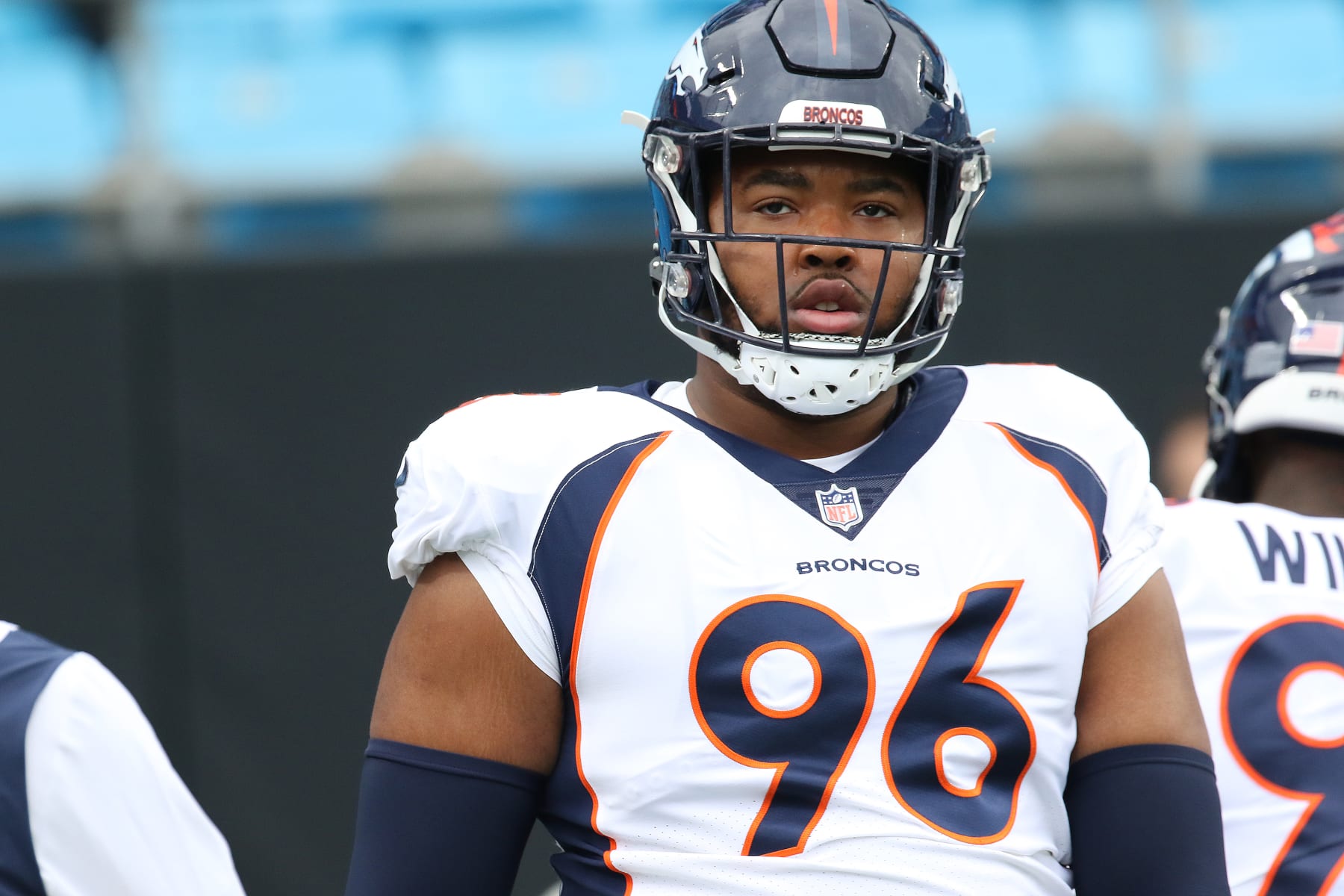 CHARLOTTE, NC - NOVEMBER 27: Denver Broncos defensive tackle Eyioma Uwazurike (96) during an NFL football game between the Denver Broncos and the Carolina Panthers on November 27, 2022, at Bank of America Stadium in Charlotte, N.C. (Photo by John Byrum/Icon Sportswire via Getty Images)
