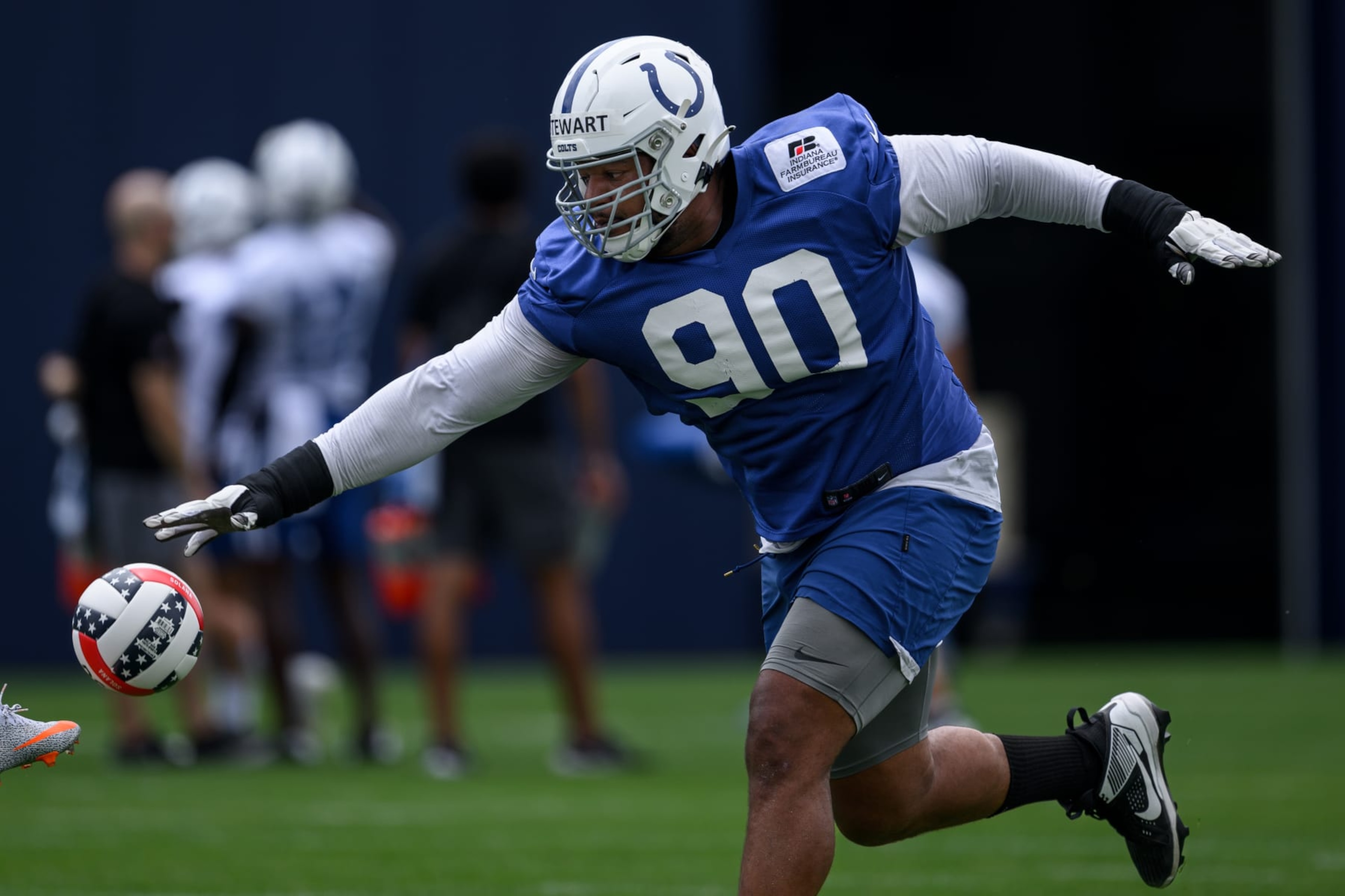 INDIANAPOLIS, IN - JUNE 14: Indianapolis Colts defensive tackle Grover Stewart (90) runs through a drill during the Indianapolis Colts Minicamp on June 14, 2023 at the Indiana Farm Bureau Football Center in Indianapolis, IN. (Photo by Zach Bolinger/Icon Sportswire via Getty Images) INDIANAPOLIS, IN - JUNE 14: Indianapolis Colts defensive tackle Grover Stewart (90) runs through a drill during the Indianapolis Colts Minicamp on June 14, 2023 at the Indiana Farm Bureau Football Center in Indianapolis, IN. (Photo by Zach Bolinger/Icon Sportswire via Getty Images)
