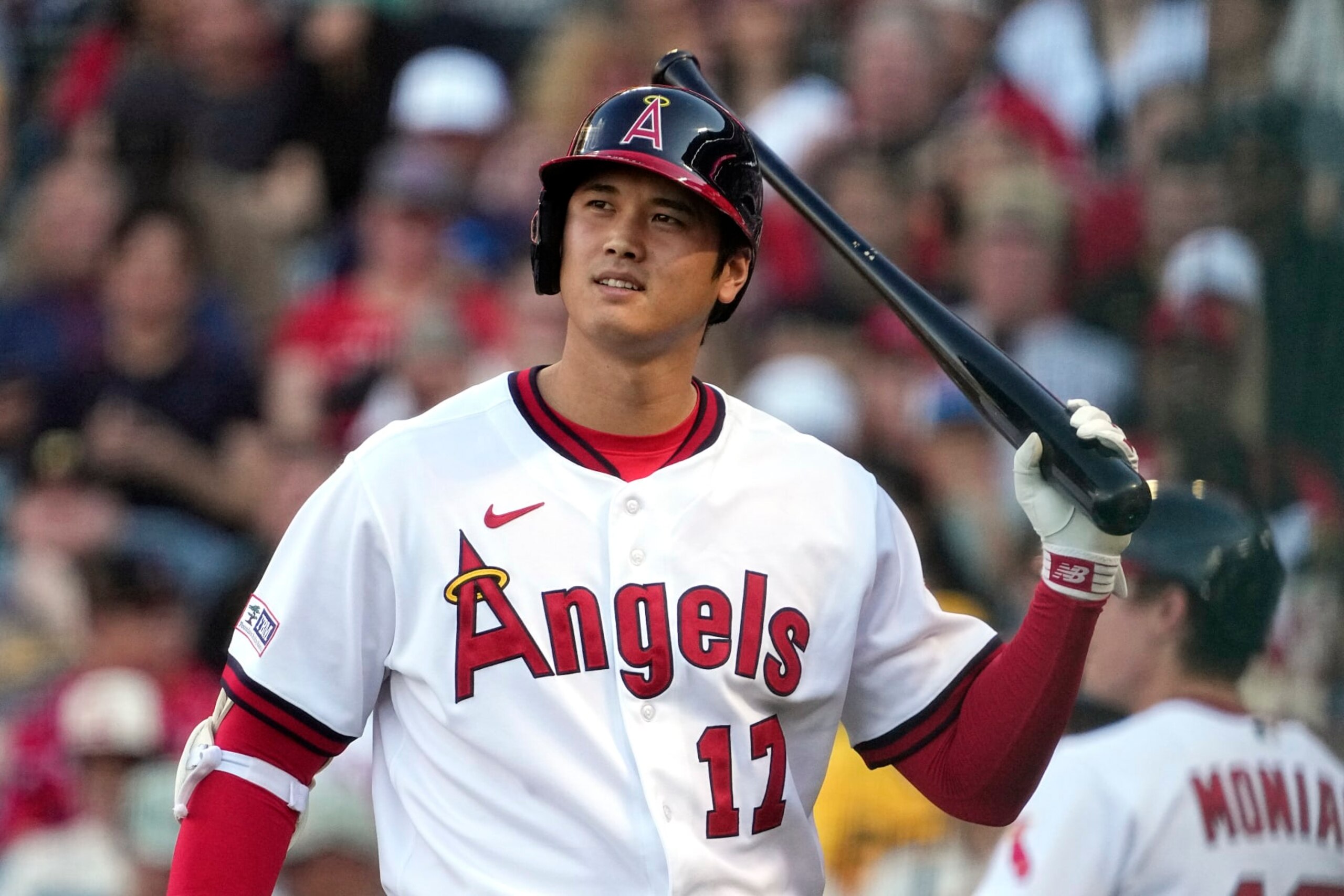 Los Angeles Angels' Shohei Ohtani walks back to the dugout after striking out during the first inning of a baseball game against the Pittsburgh Pirates Saturday, July 22, 2023, in Anaheim, Calif. (AP Photo/Mark J. Terrill)