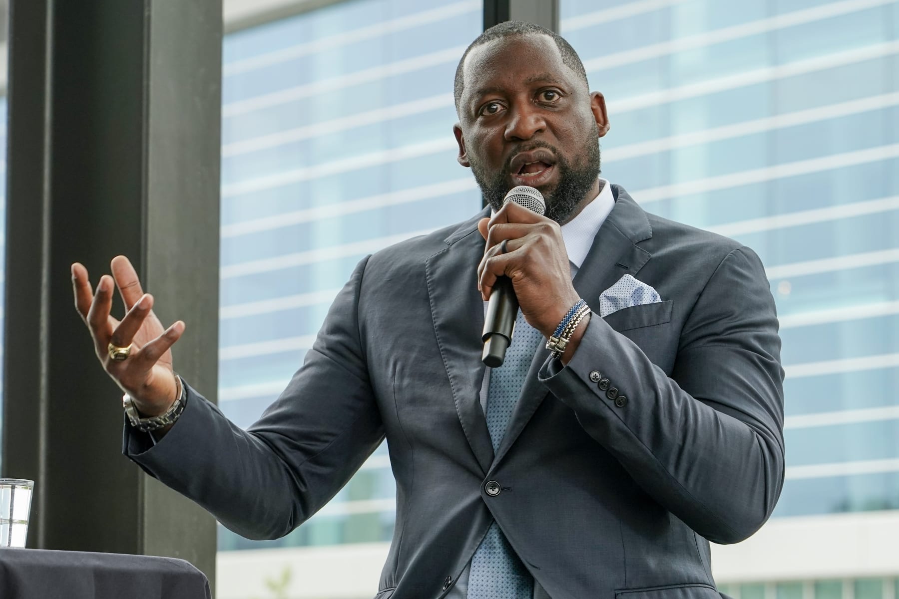 Milwaukee Bucks new head coach Adrian Griffin speaks after being introduced at a news conference Tuesday, June 6, 2023, in Milwaukee. (AP Photo/Morry Gash)