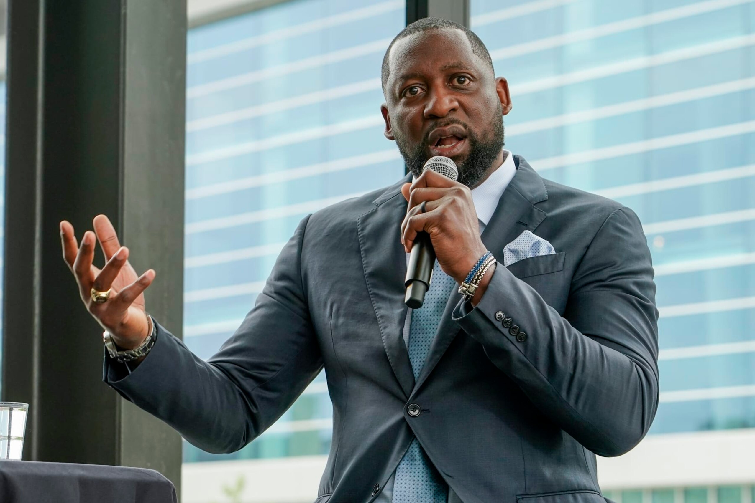 Milwaukee Bucks new head coach Adrian Griffin speaks after being introduced at a news conference Tuesday, June 6, 2023, in Milwaukee. (AP Photo/Morry Gash)