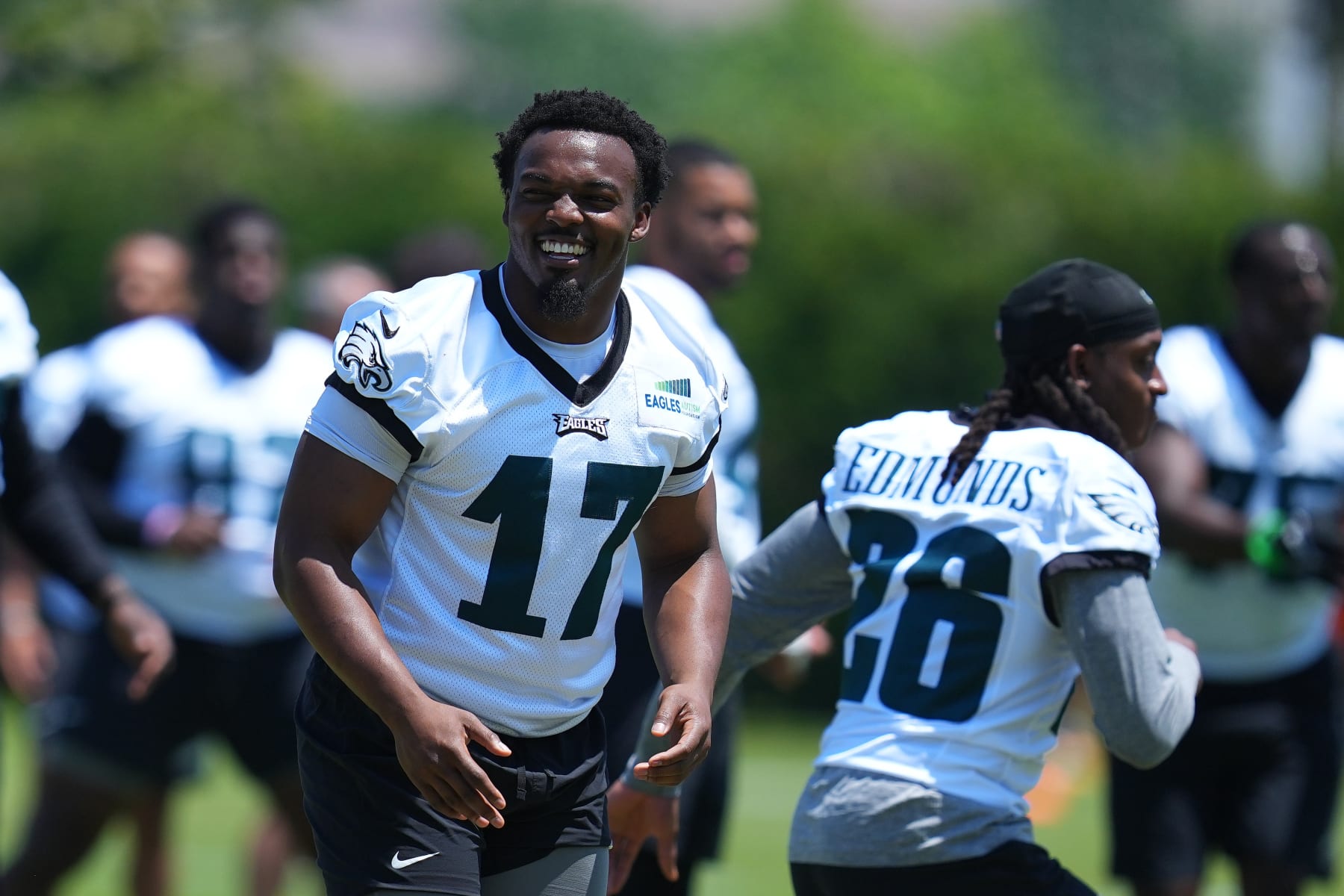 PHILADELPHIA, PENNSYLVANIA - JUNE 1: Nakobe Dean #17 of the Philadelphia Eagles reacts during OTAs at the NovaCare Complex on June 1, 2023 in Philadelphia, Pennsylvania. (Photo by Mitchell Leff/Getty Images)